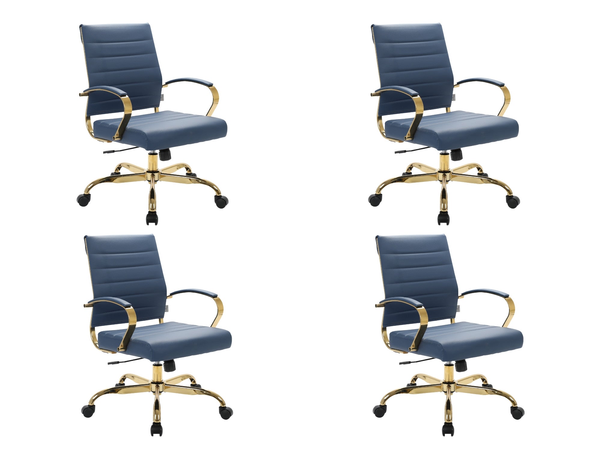 Navy blue leather swivel office chairs, gold frame, set of 4
