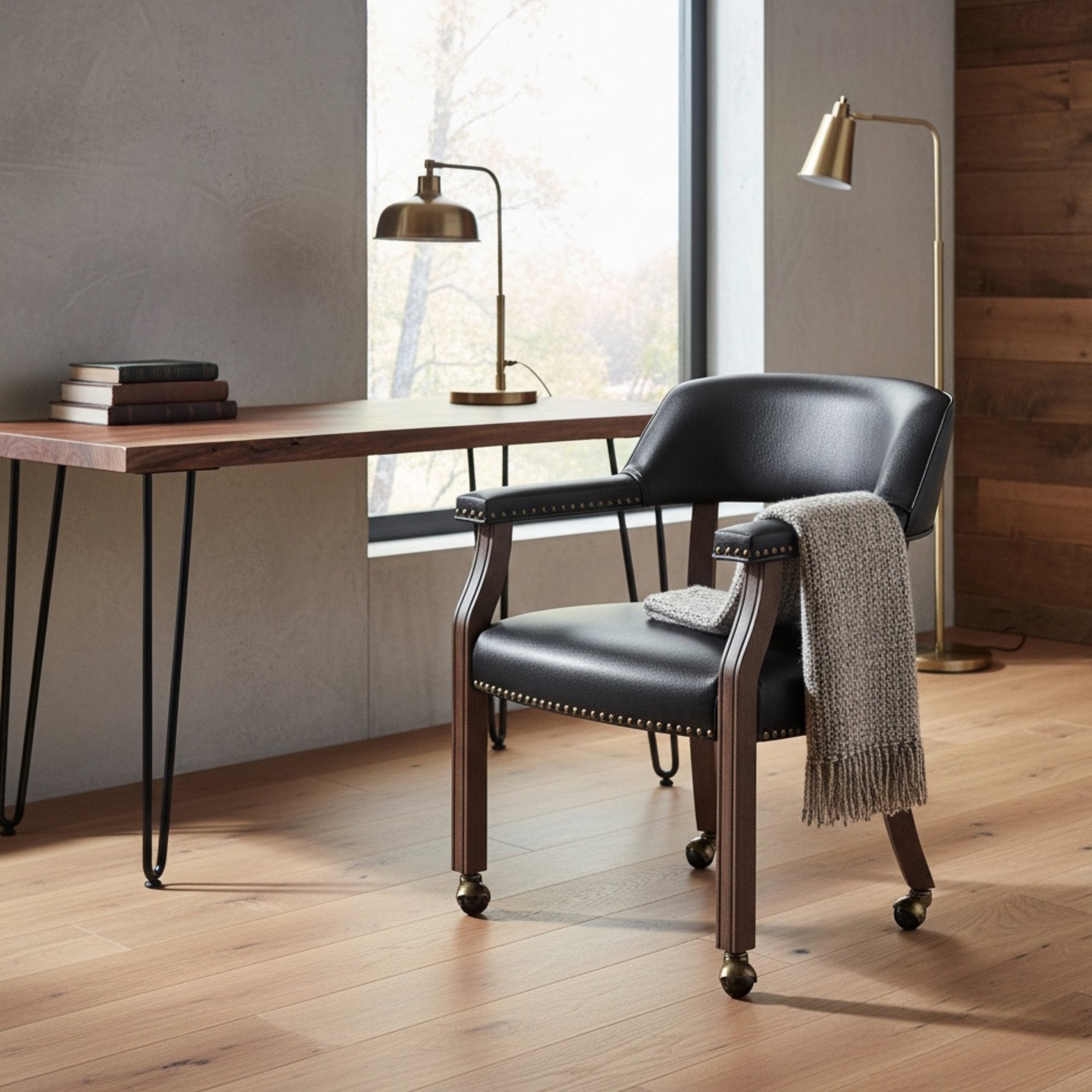 Gorman Walnut and Black Faux Leather Caster Dining and Game Chair - at desk lifestyle