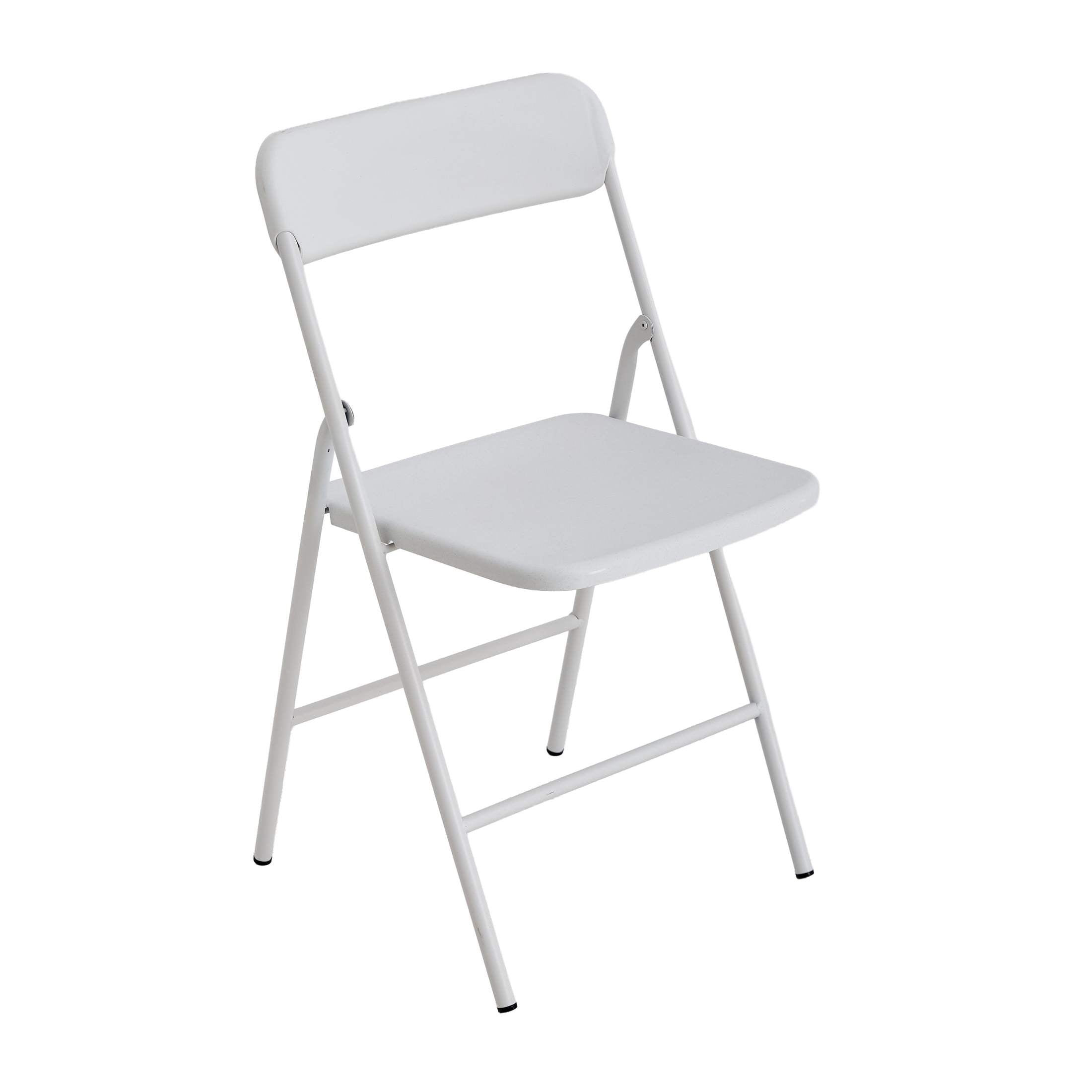 Set of 4 white folding chairs with cushioned seats and steel frame