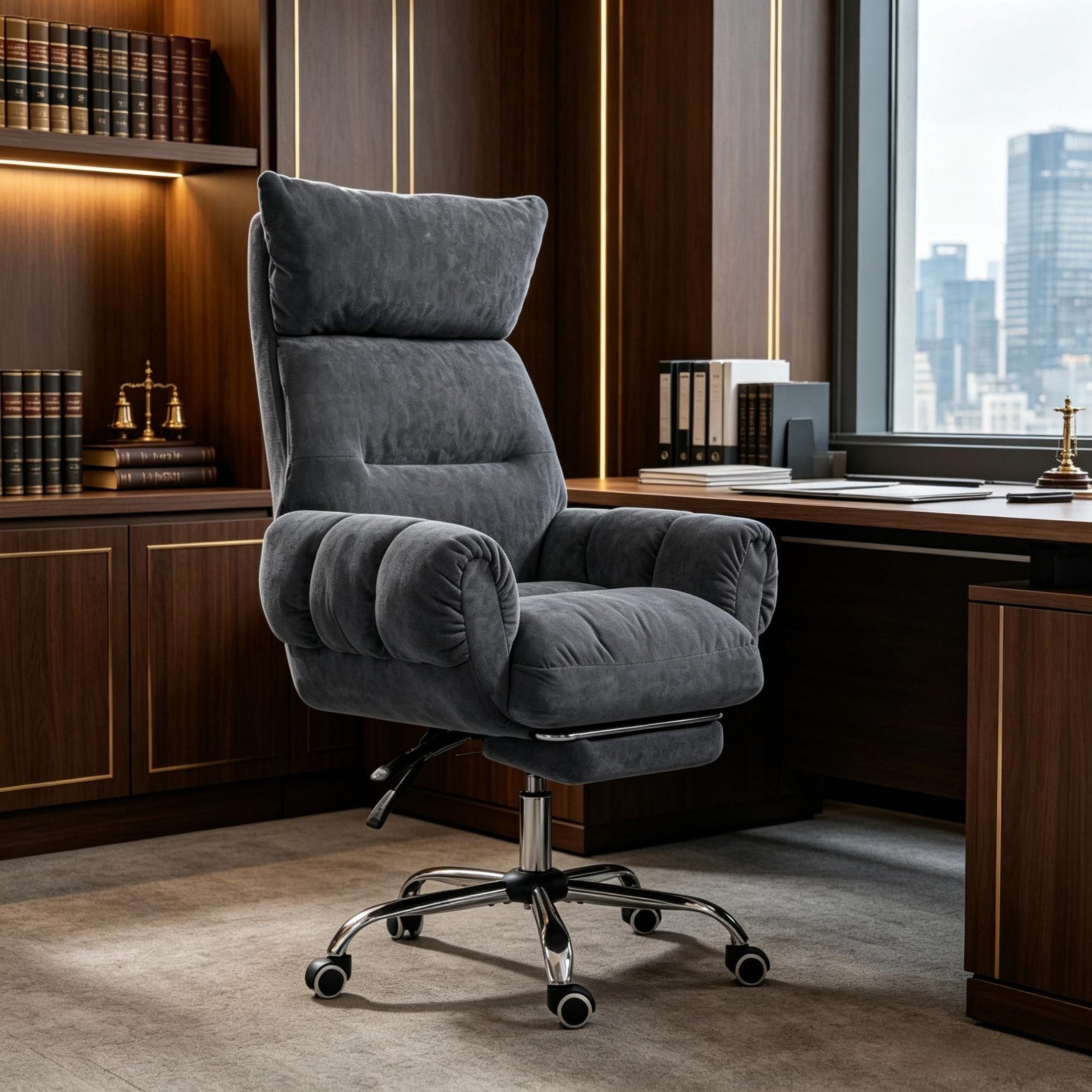 Plush high back reclining office chair with retractable footrest