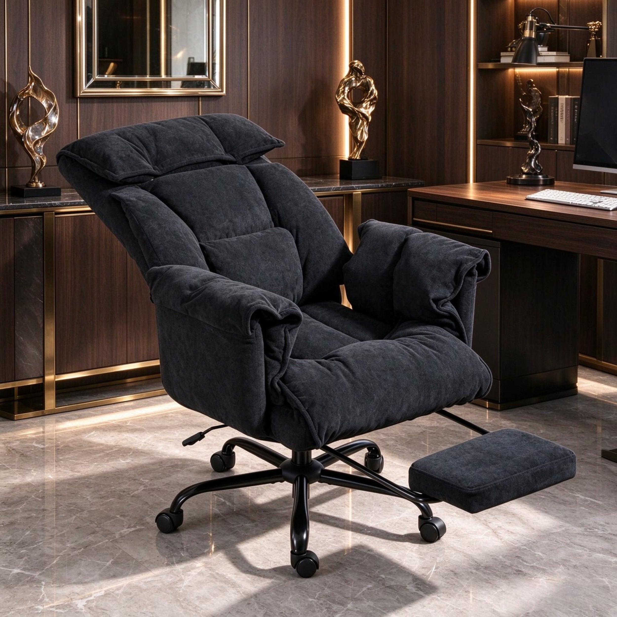 Black flannel high-back reclining office chair – view 2
