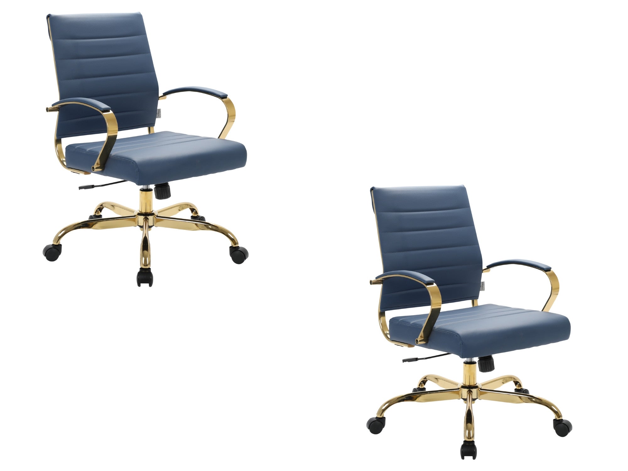 Set of 2 navy blue leather office chairs, gold accents, swivel