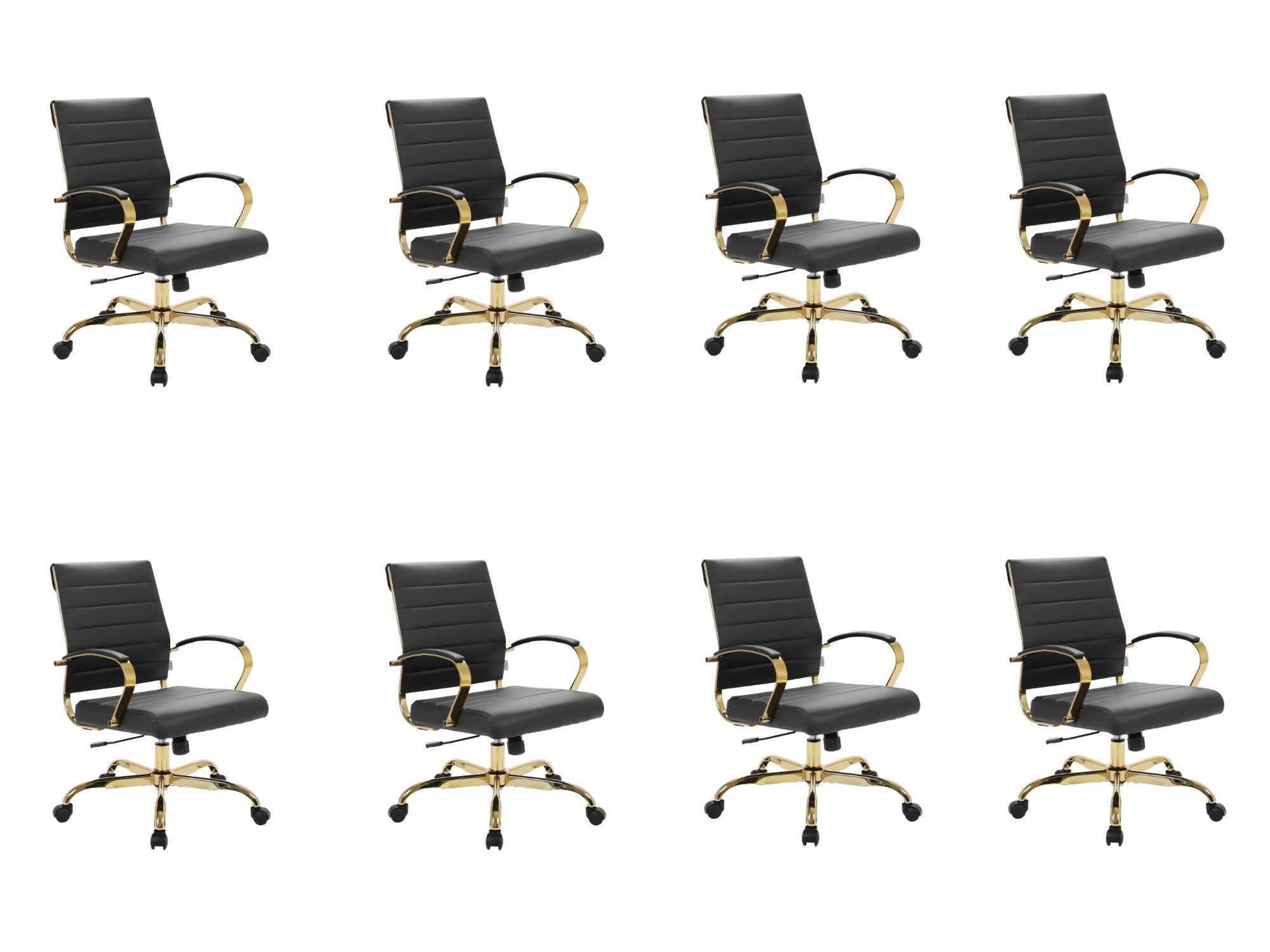 Benmar black ergonomic leather office chairs, gold frame, set of 8