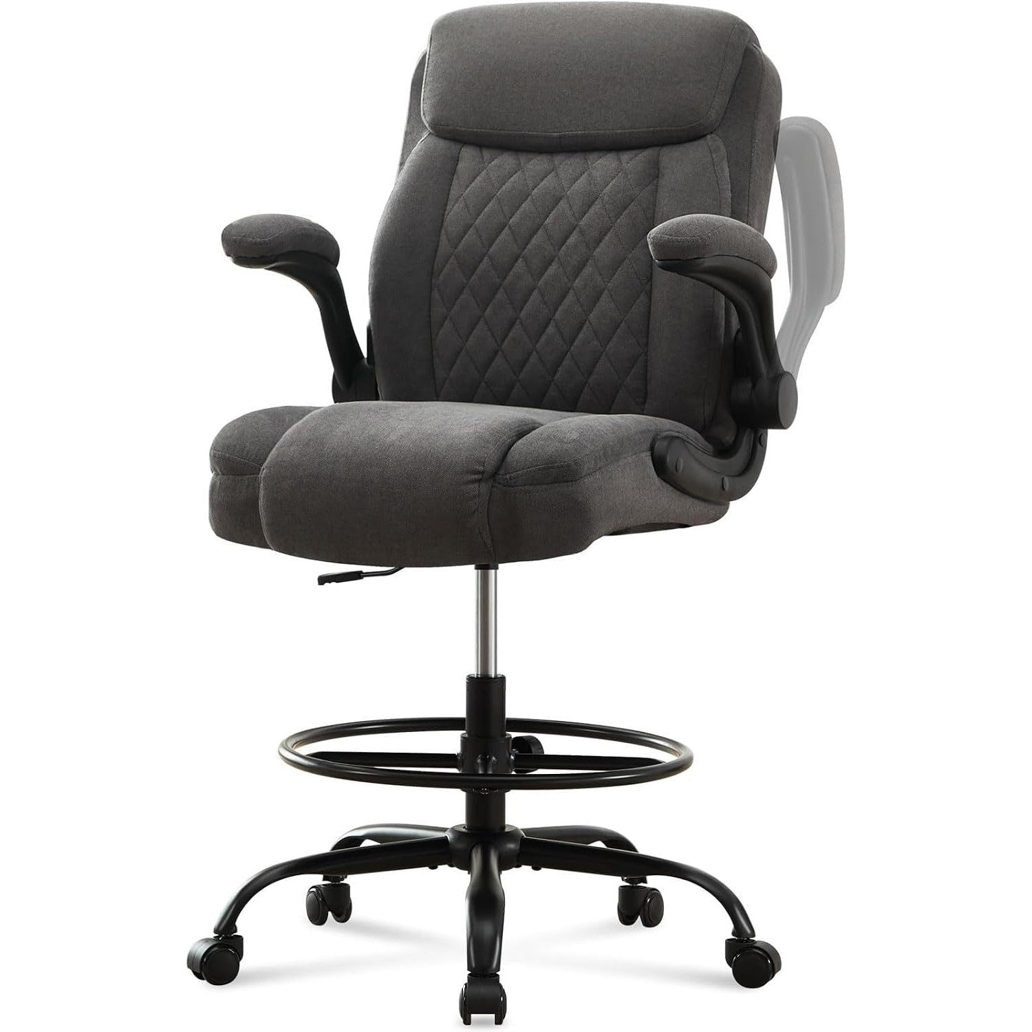 Gray tall drafting chair with adjustable foot ring & armrests