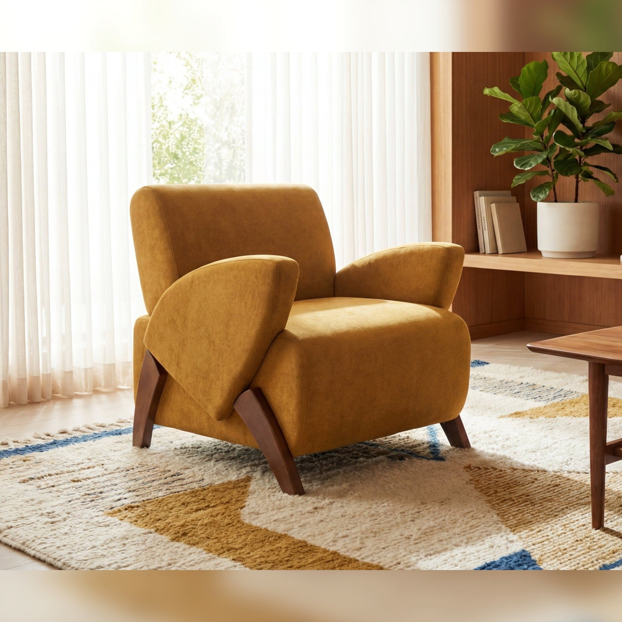 Turmeric velvet lounge chair with birch legs