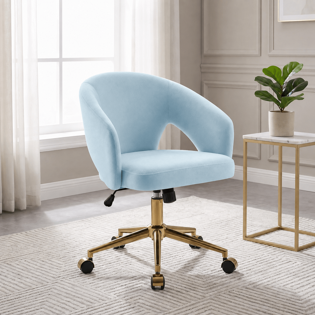 Blue velvet swivel office chair – view 2
