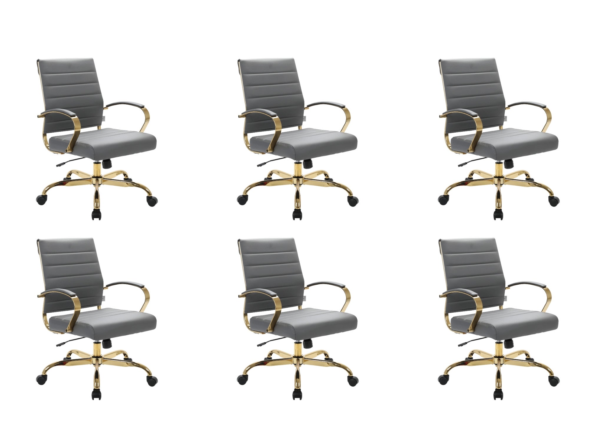 Grey ribbed leather office chairs, gold frame, set of 6