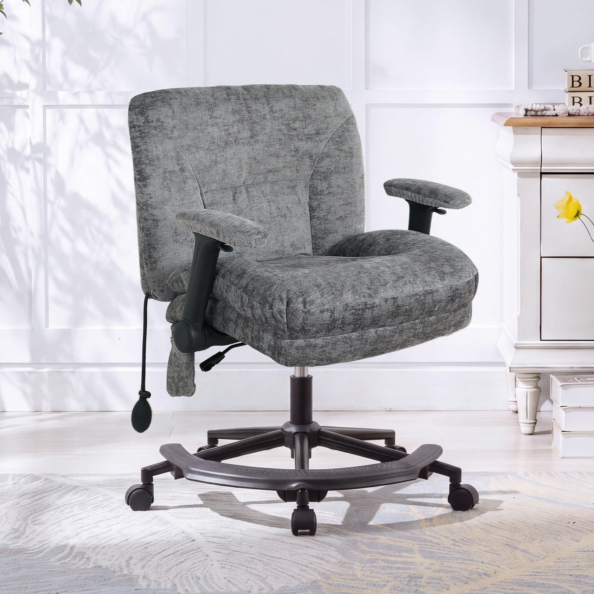 Dark grey chenille criss cross office chair with lumbar support
