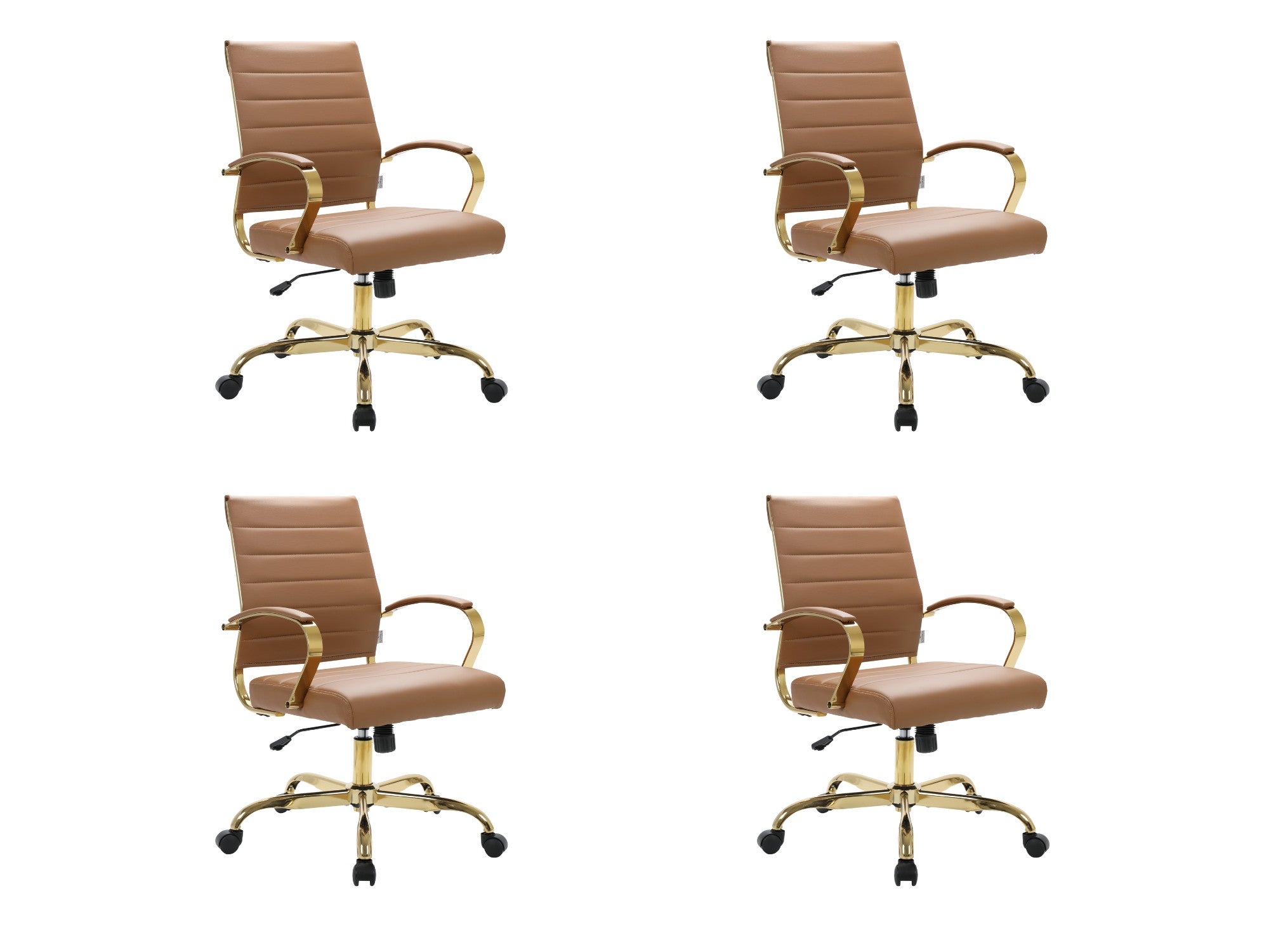 Brown leather swivel office chairs, gold accent frame, set of 4