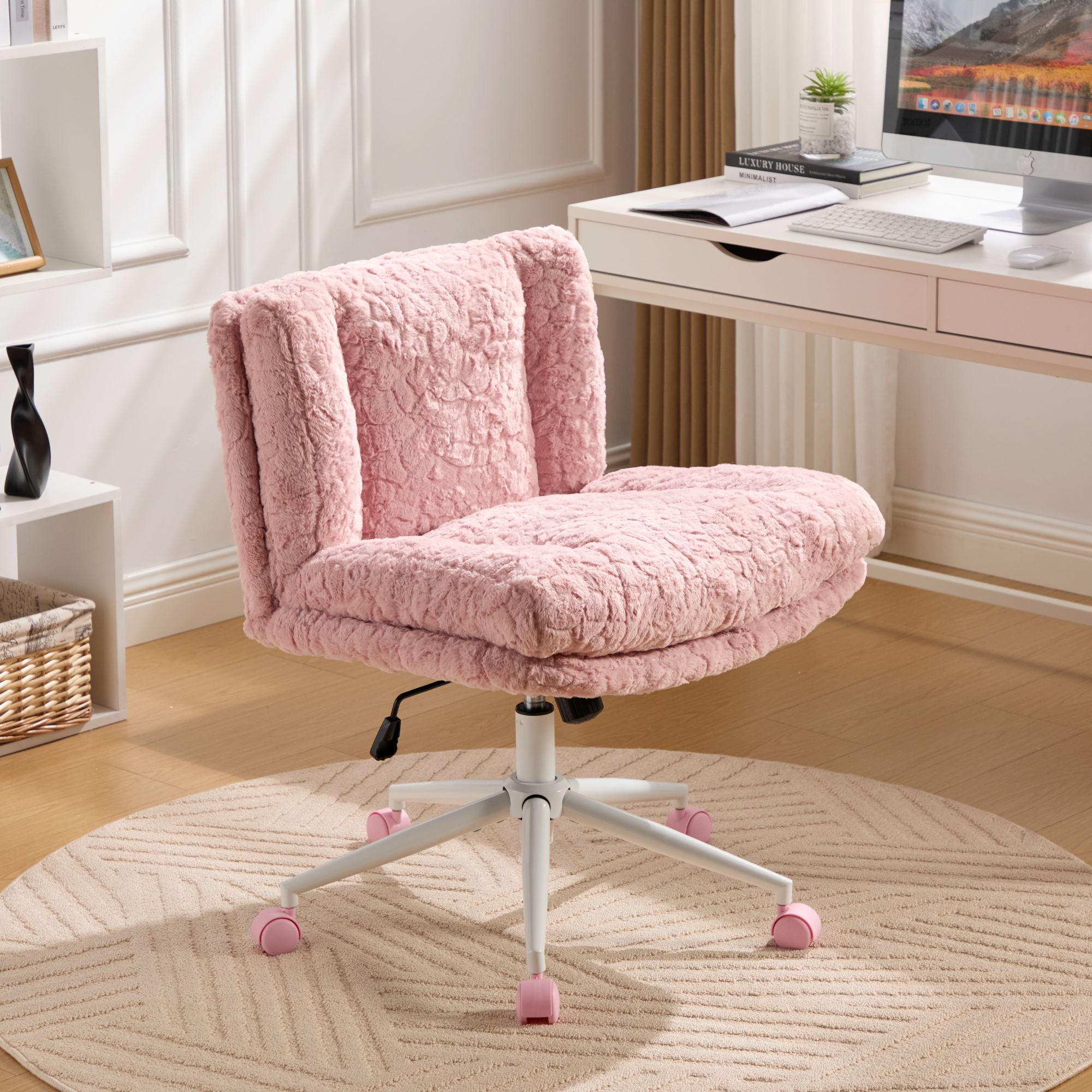 Pink faux fur wide seat vanity chair – view 2