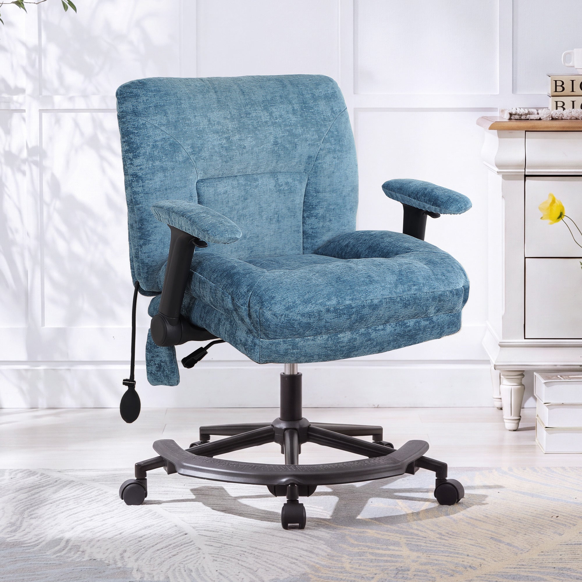 Blue chenille criss cross office chair with lumbar support