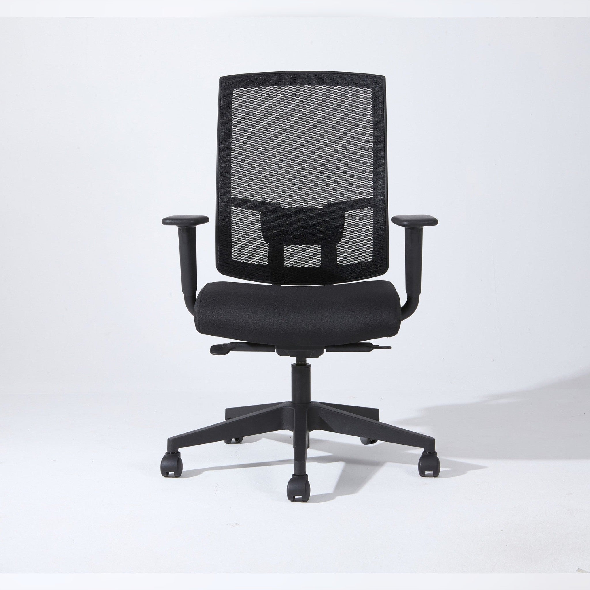 Onyx black mesh desk chair with waterfall seat and padded armrests