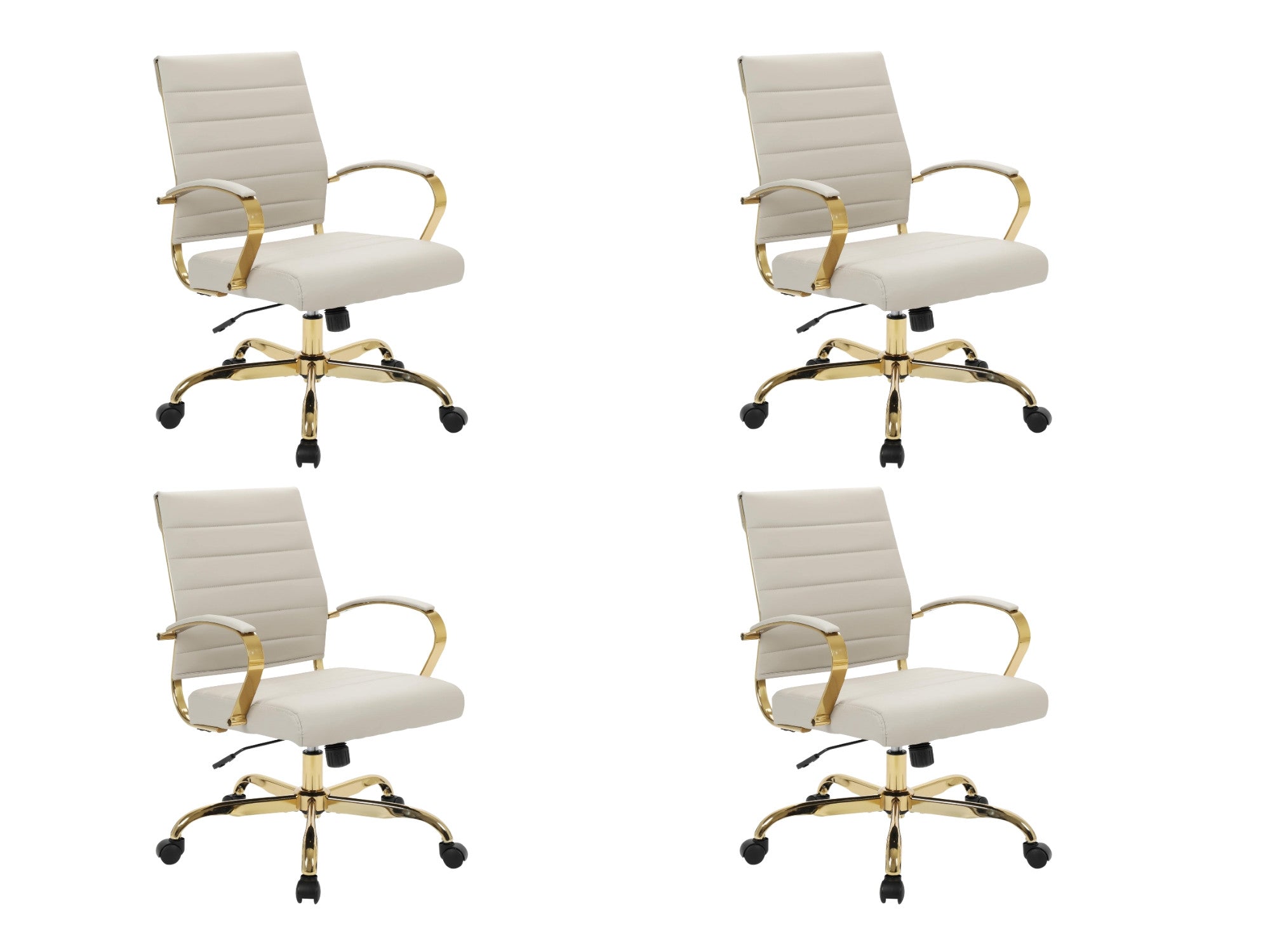 Tan leather swivel office chairs, gold accent frame, set of 4
