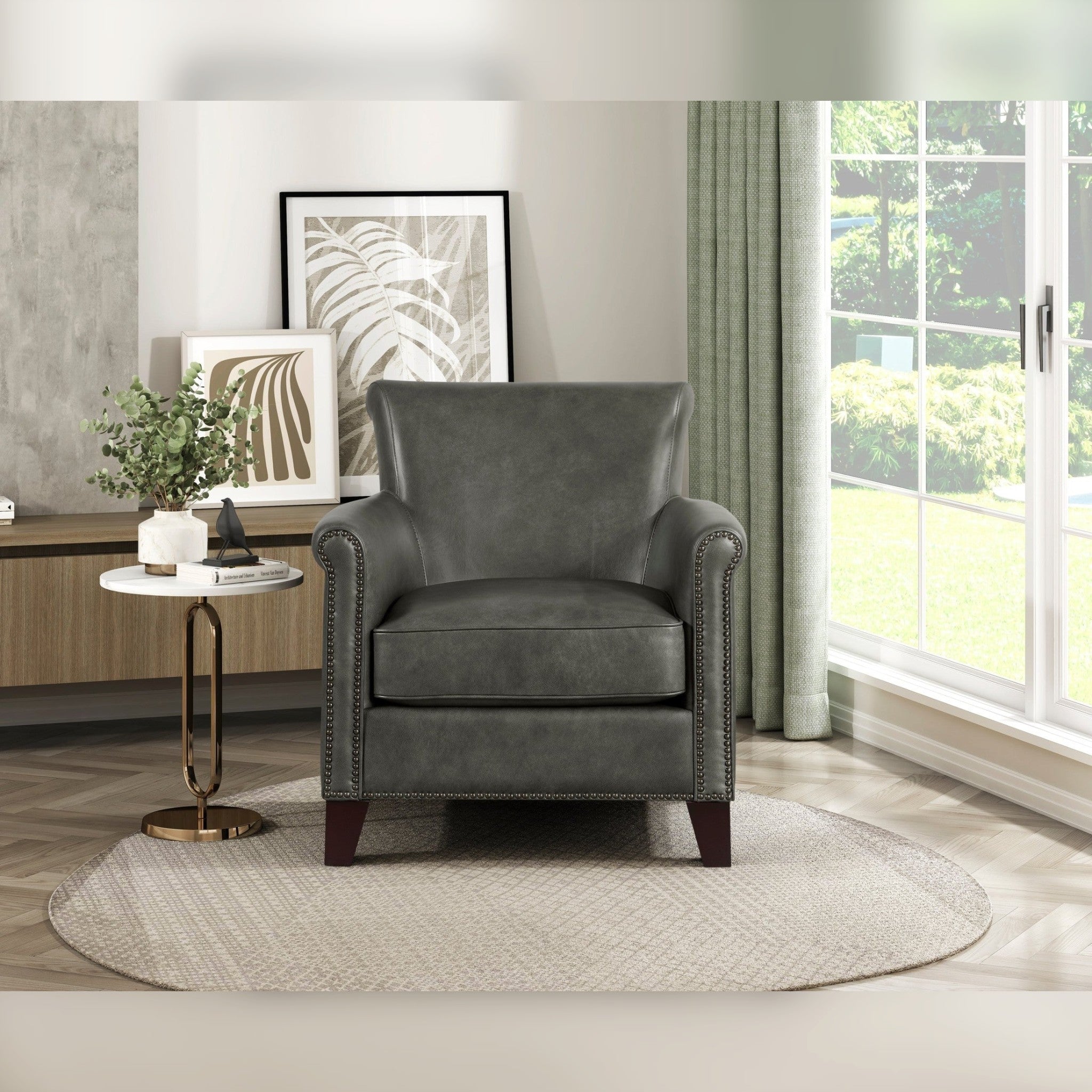 Luxurious gray leather accent chair with nailhead trim frame