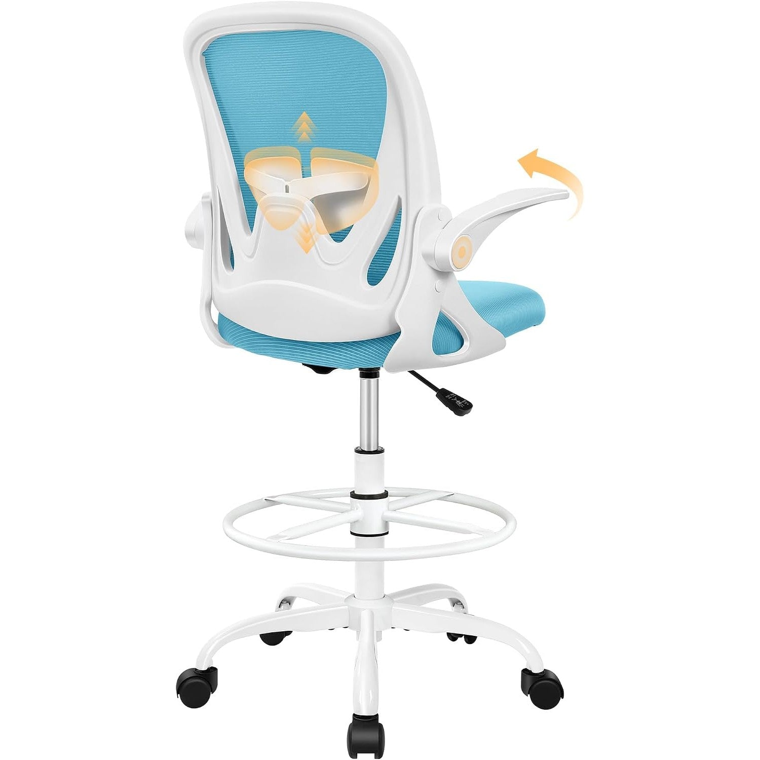 Primy tall drafting chair with flip-up armrests, blue