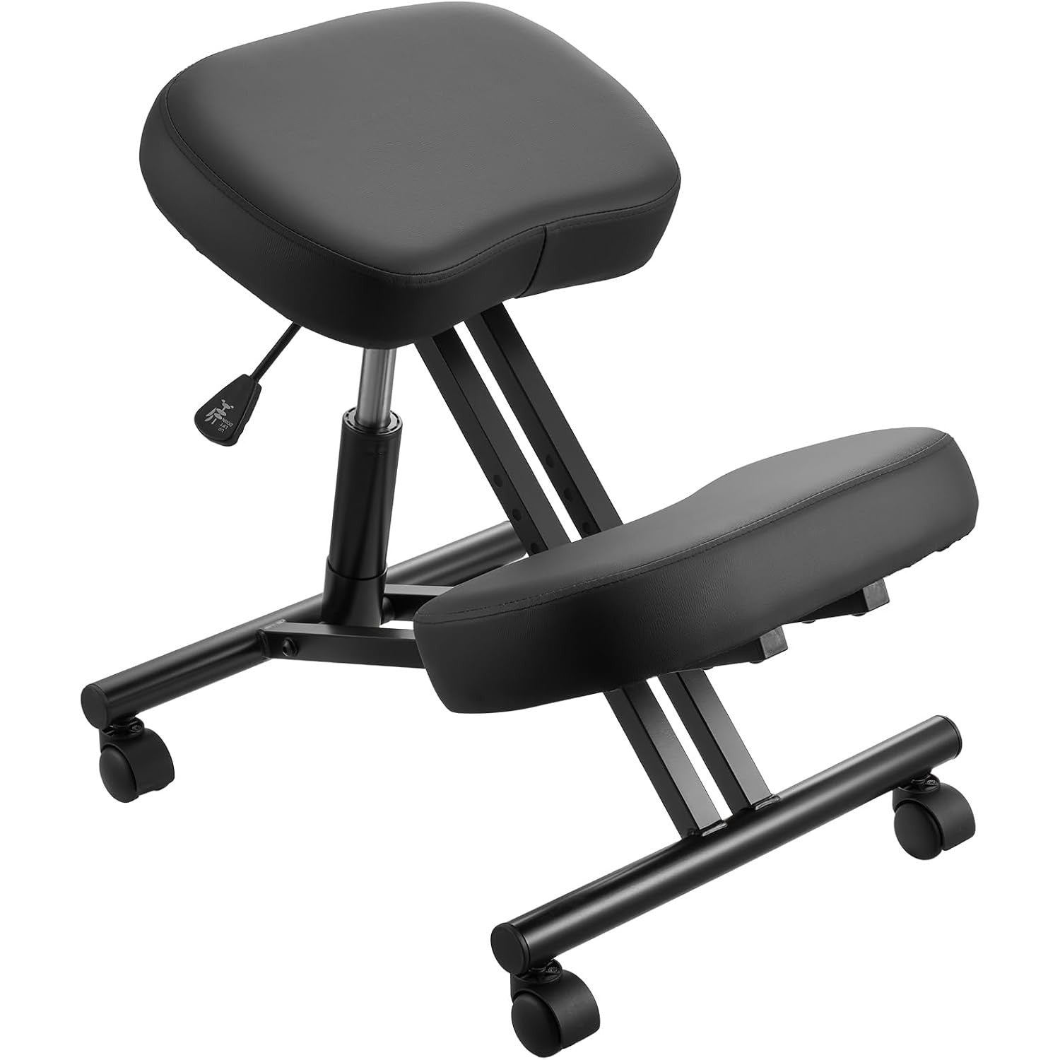 Black rolling X-frame kneeling chair for ergonomic posture