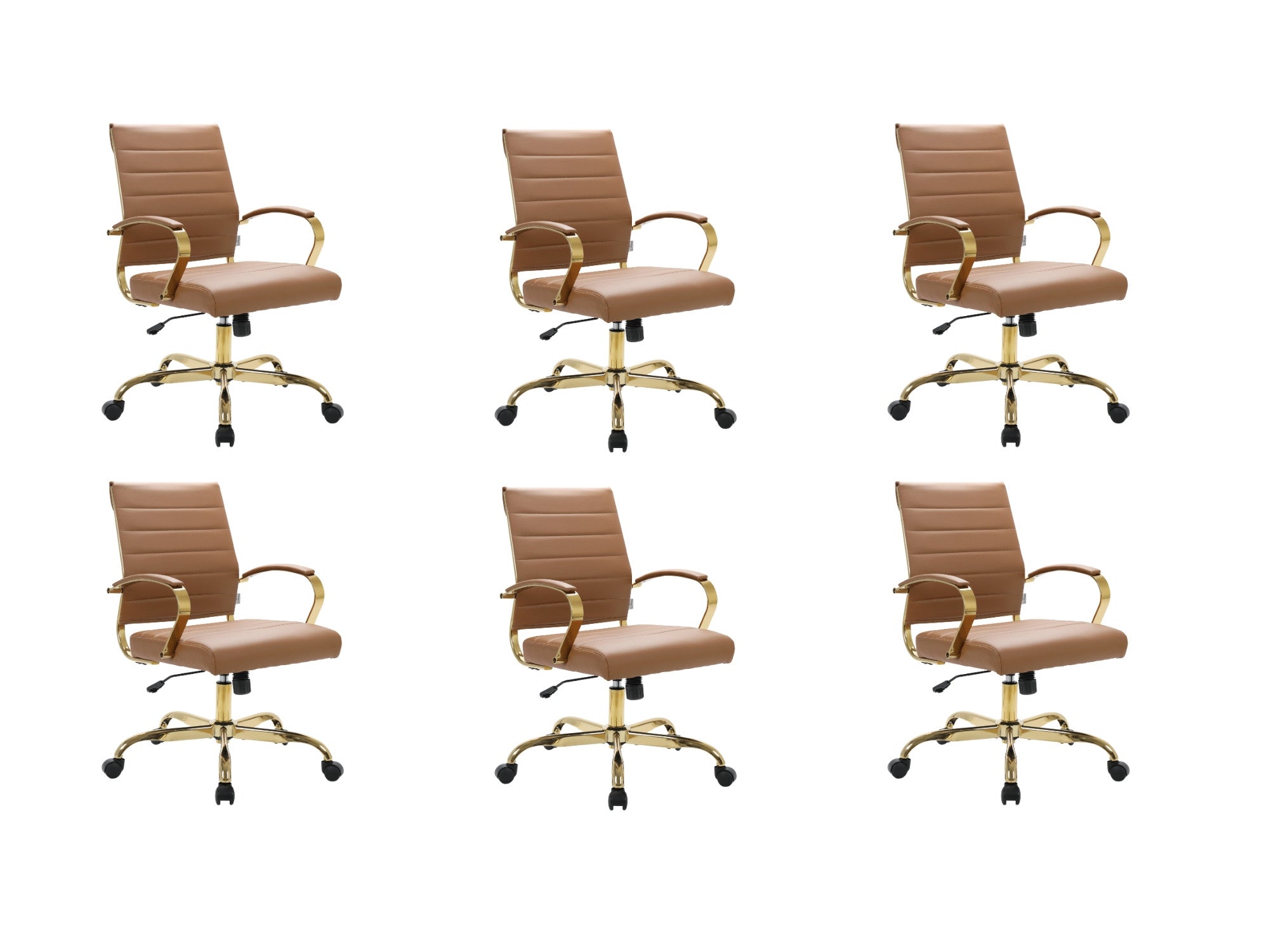 Brown ribbed leather office chairs, gold frame, set of 6