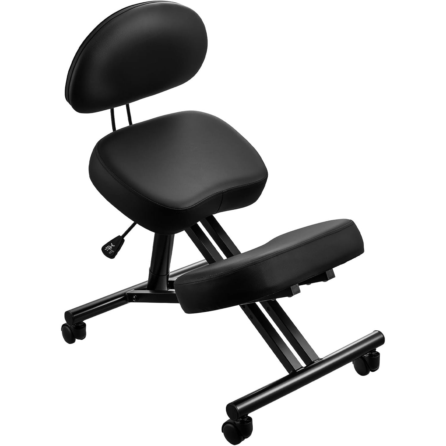 Black kneeling chair with backrest and wheels, ergonomic posture seat