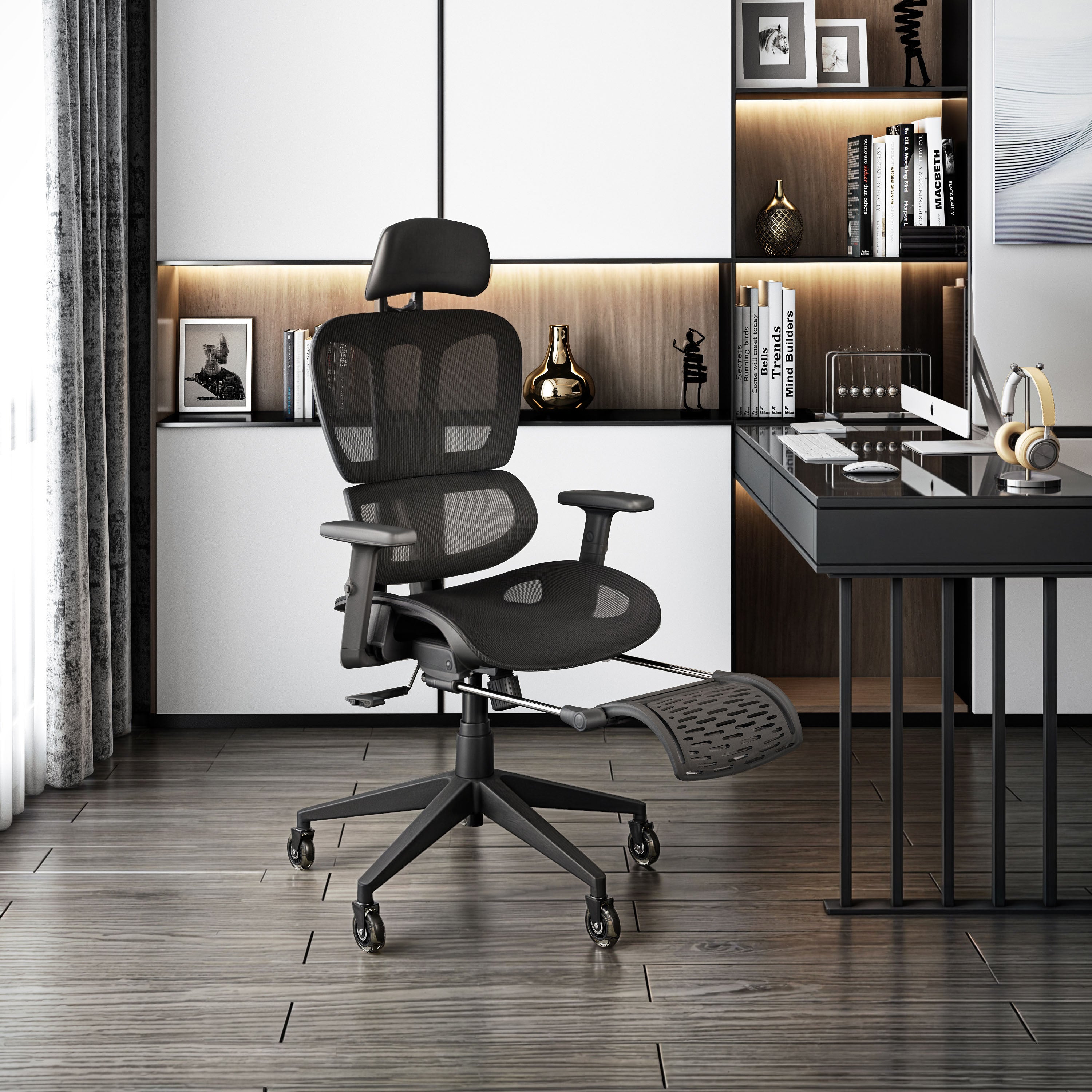 Black Mesh Reclining Ergonomic Office Chair, Footrest