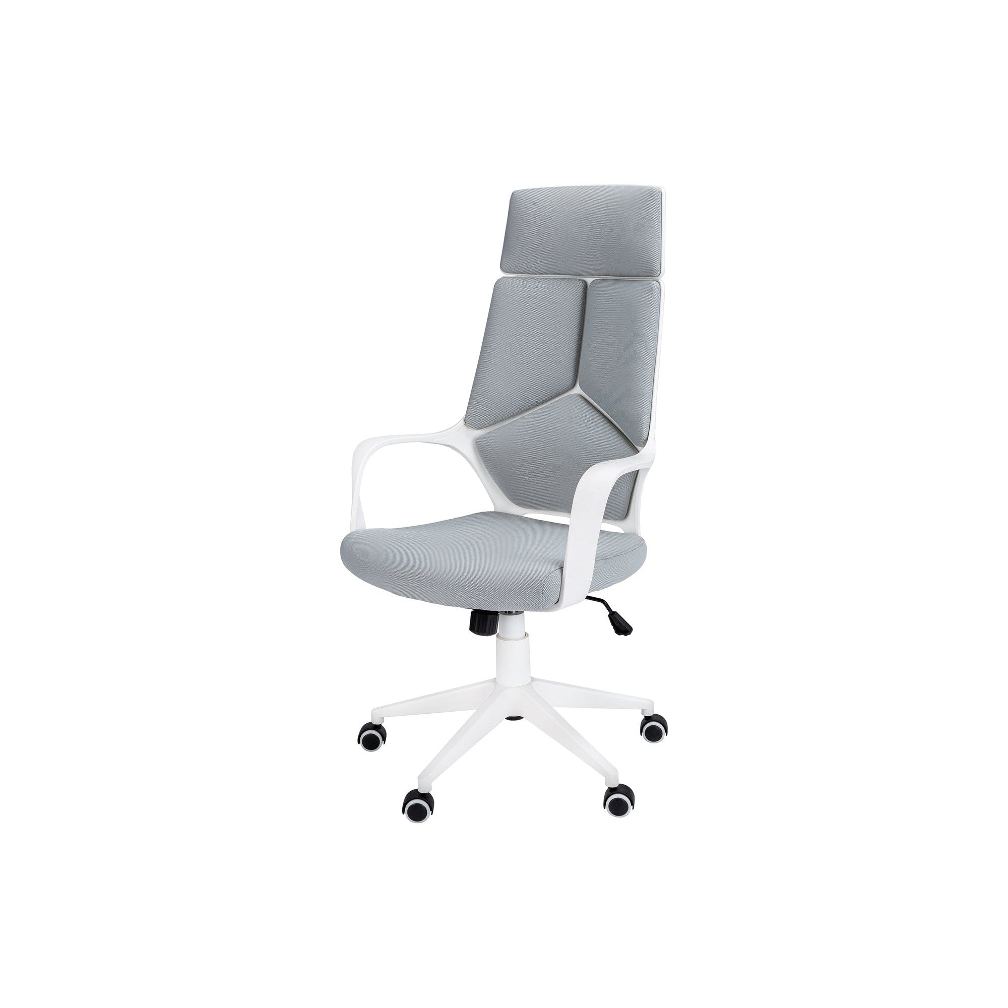 Ergonomic mesh office chair, white frame, grey adjustable seat