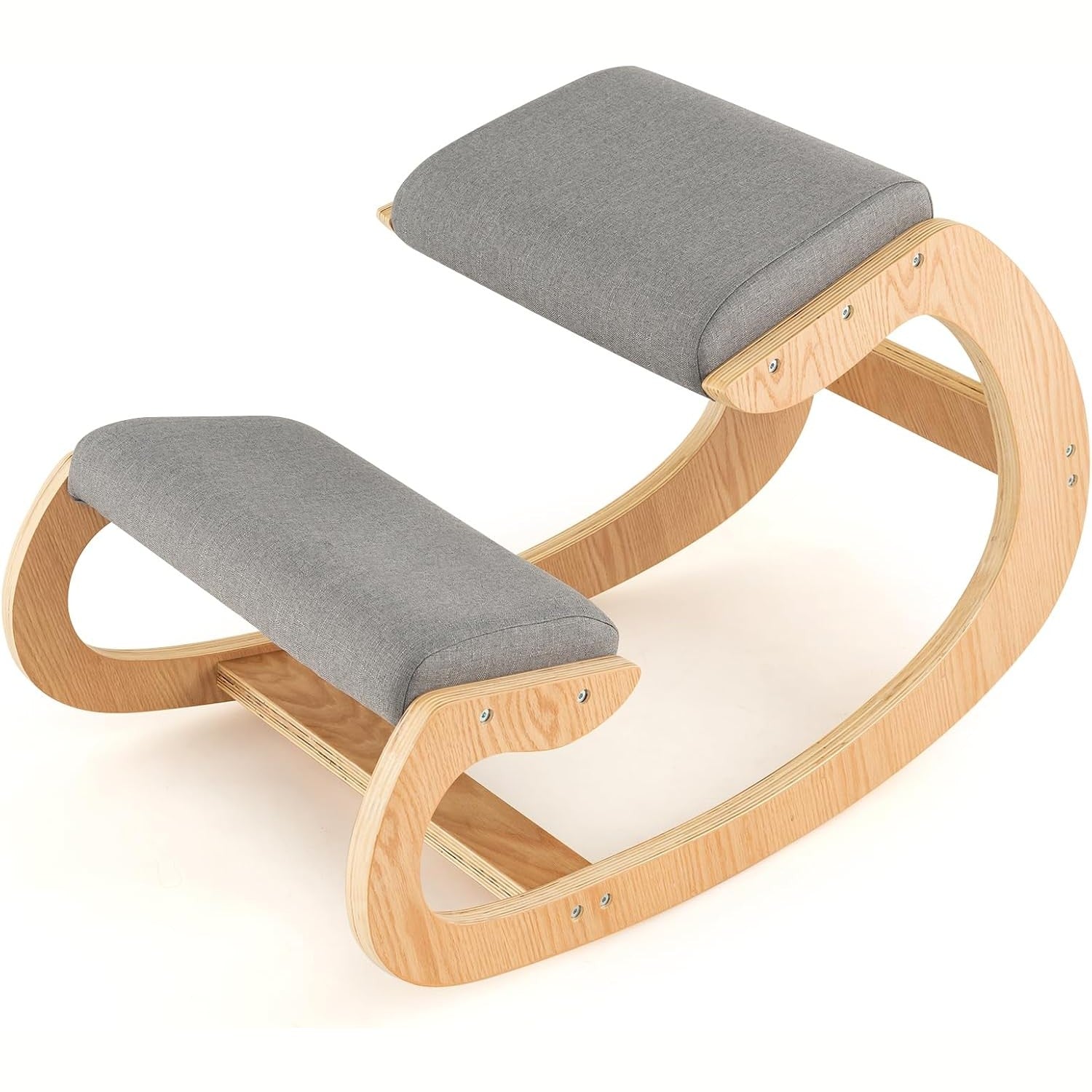 Gray wooden kneeling chair, ergonomic posture chair, rocking base