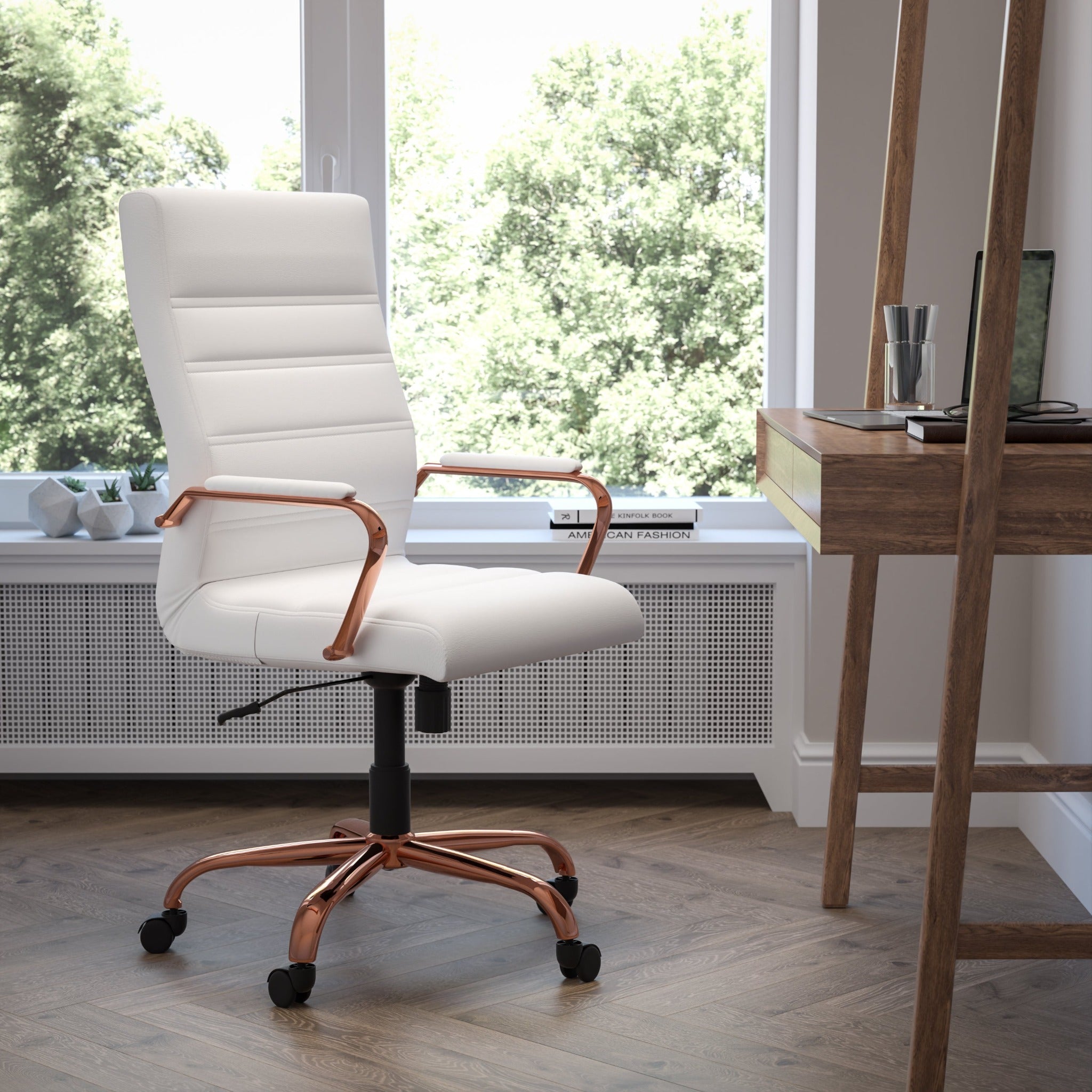 Whitney High Back White LeatherSoft Executive Office Chair with Rose Gold Frame
