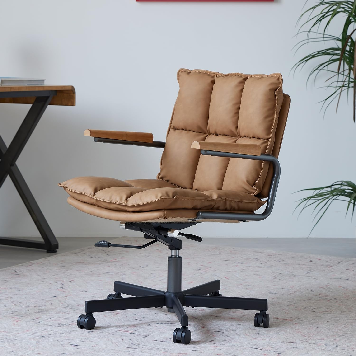Camel brown leather ergonomic home office desk chair with wheels