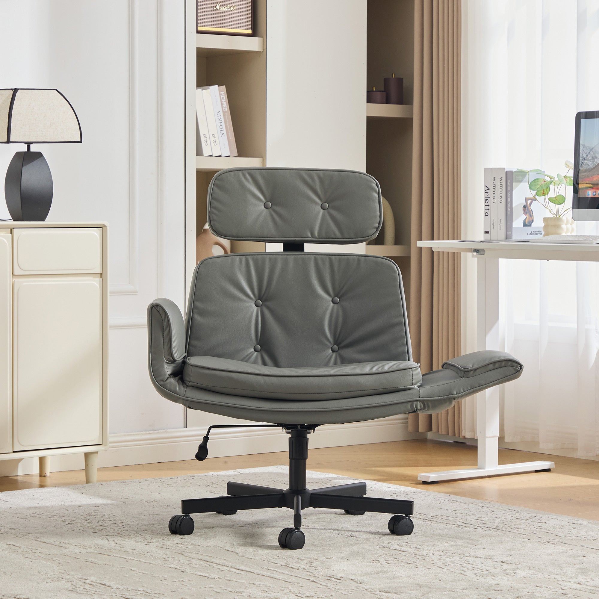Grey PU leather criss cross chair with armrests and headrest