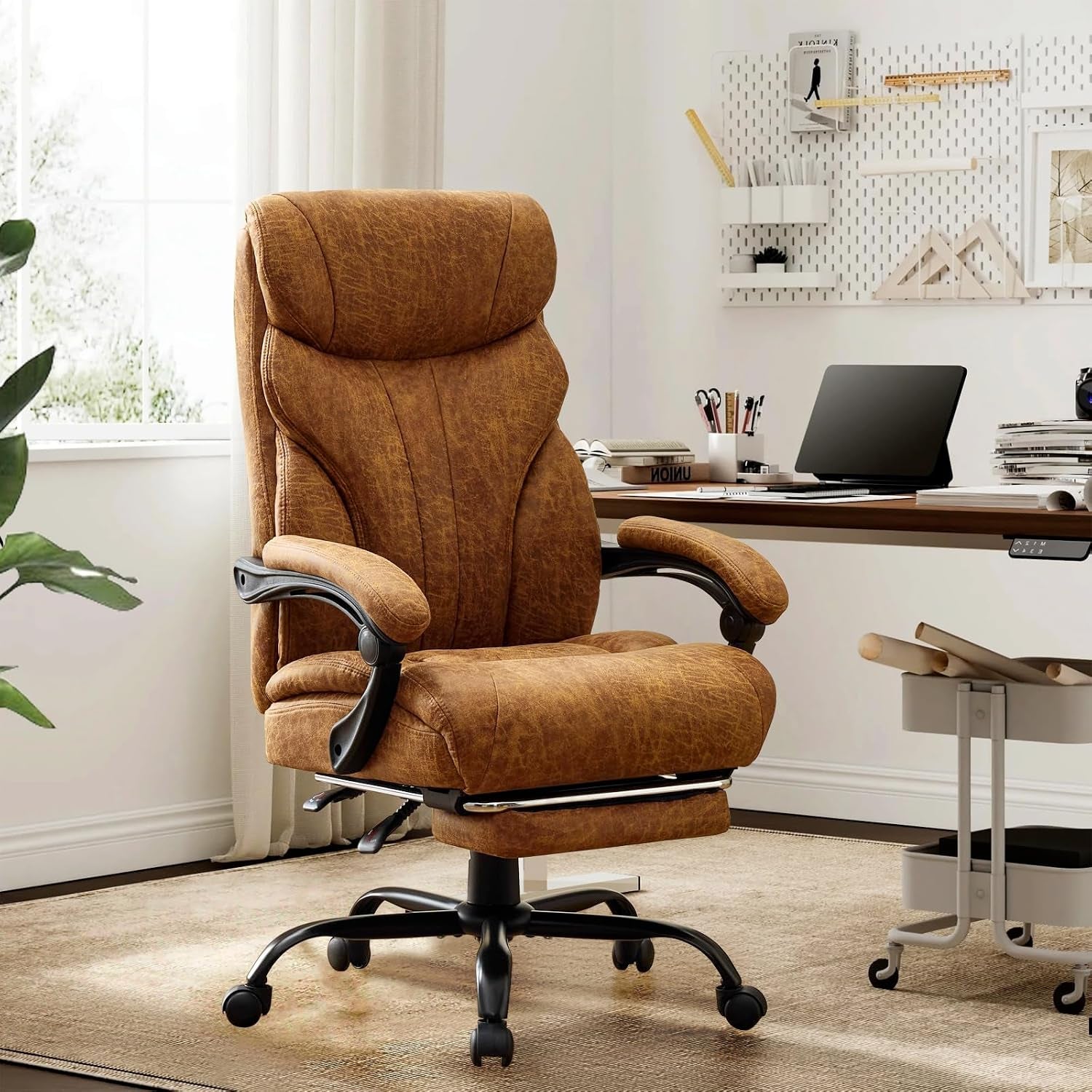 Big and tall brown leather office chair with footrest, 500 lb