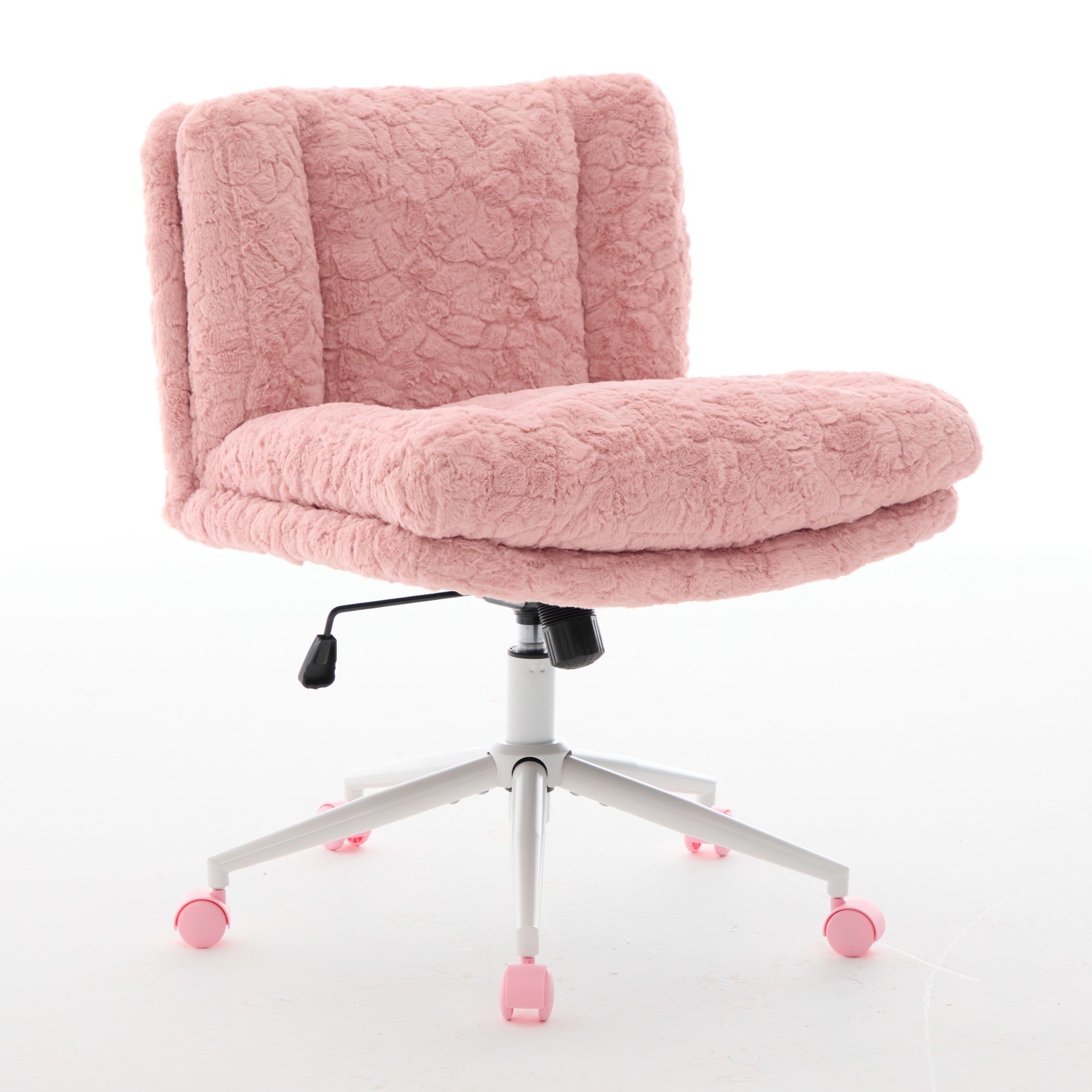 Pink faux fur wide seat vanity chair with metal base