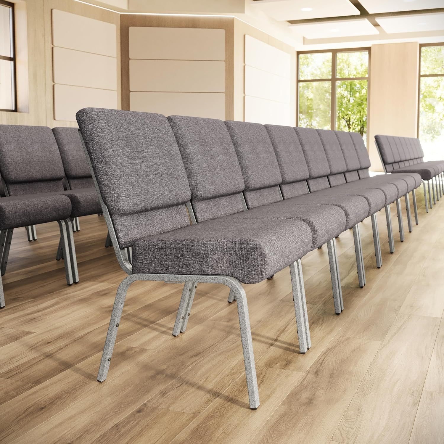 Gray fabric stacking church chair – view 2