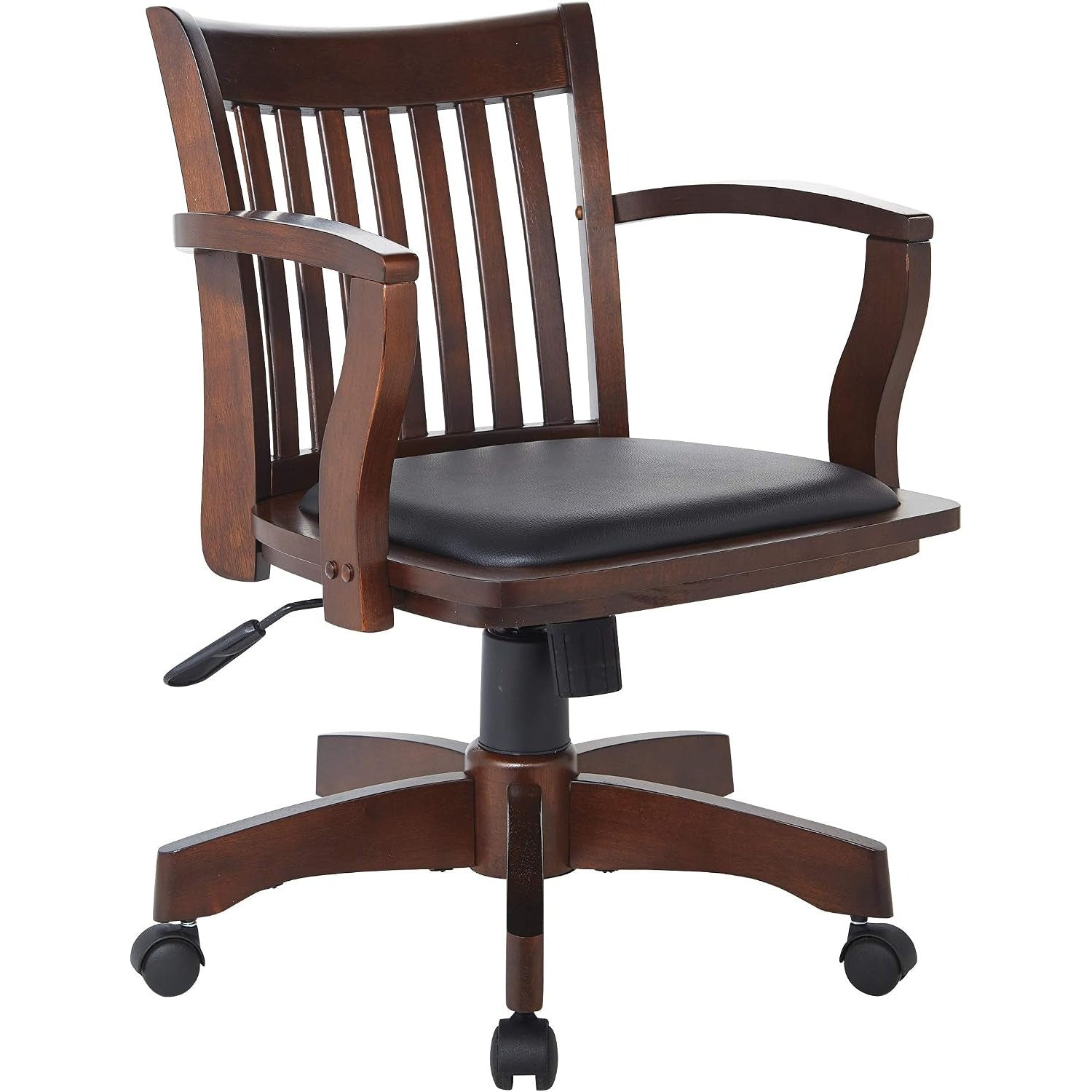 Espresso wood banker's desk chair with vinyl seat & casters