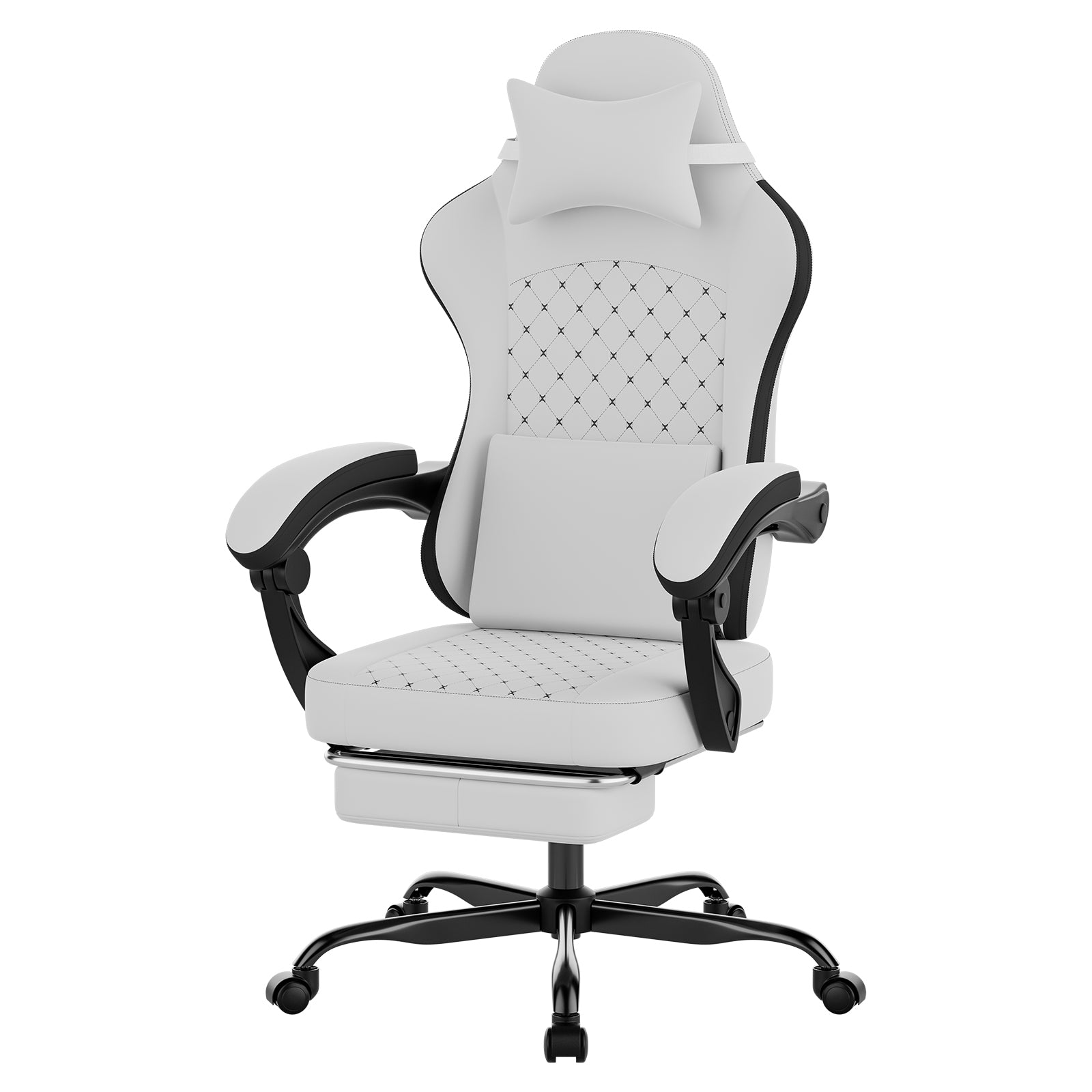 White and black ergonomic gaming chair with massage lumbar support