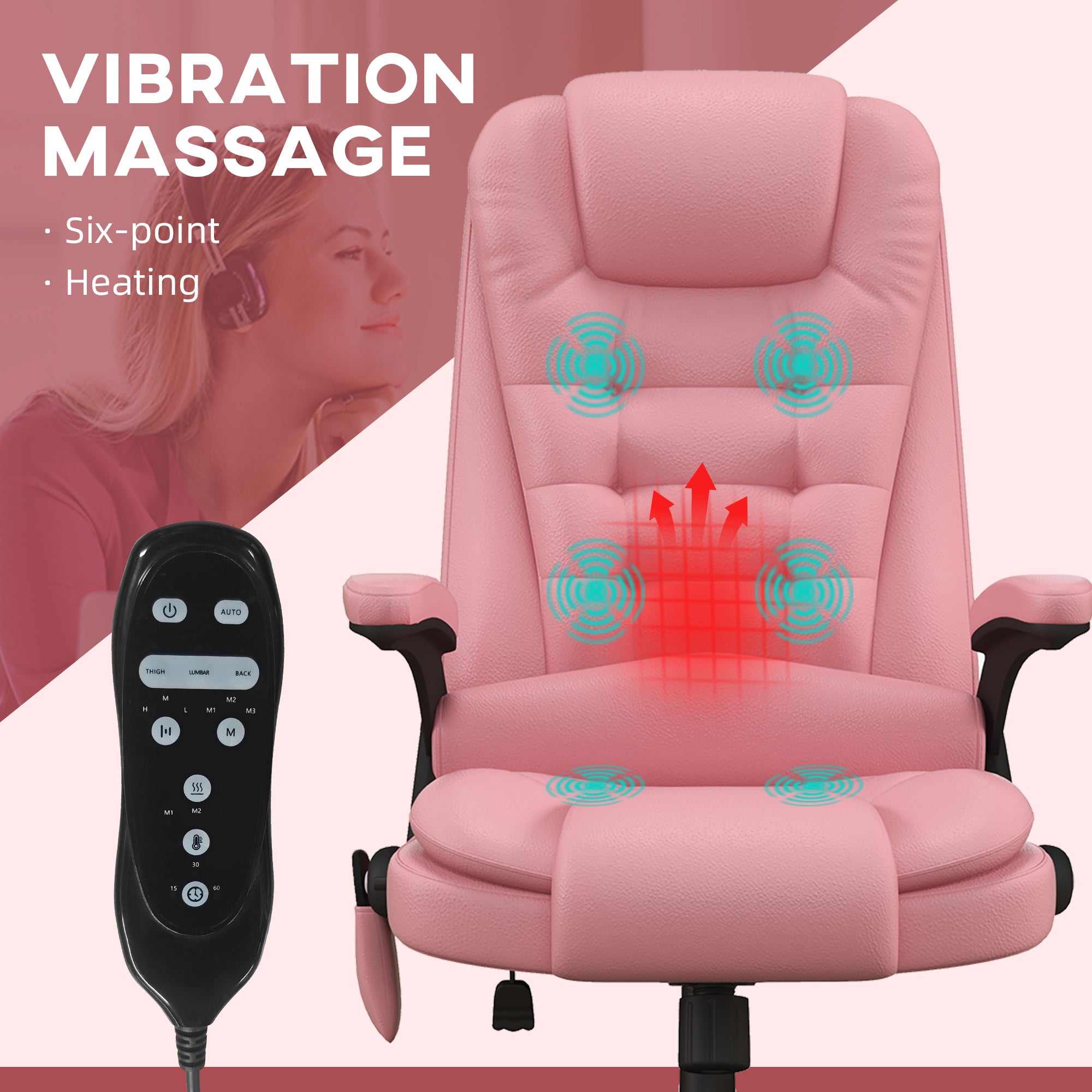 Pink PU leather heated massage office chair – view 2