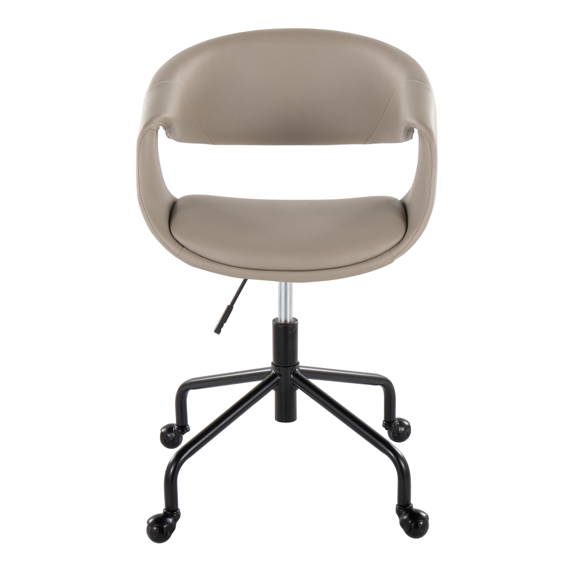 Light grey faux leather task chair with black swivel base