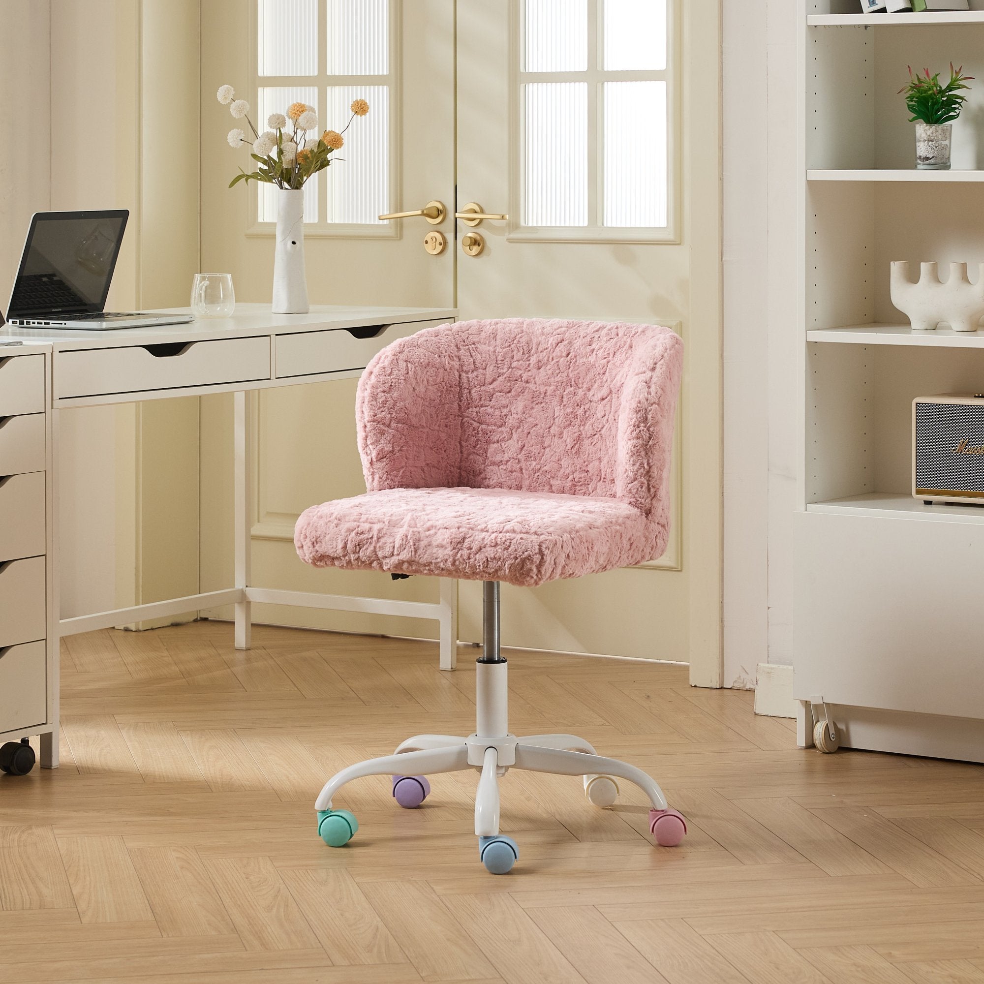 A&A Furniture Pink Faux Fur Vanity Chair with Metal Base