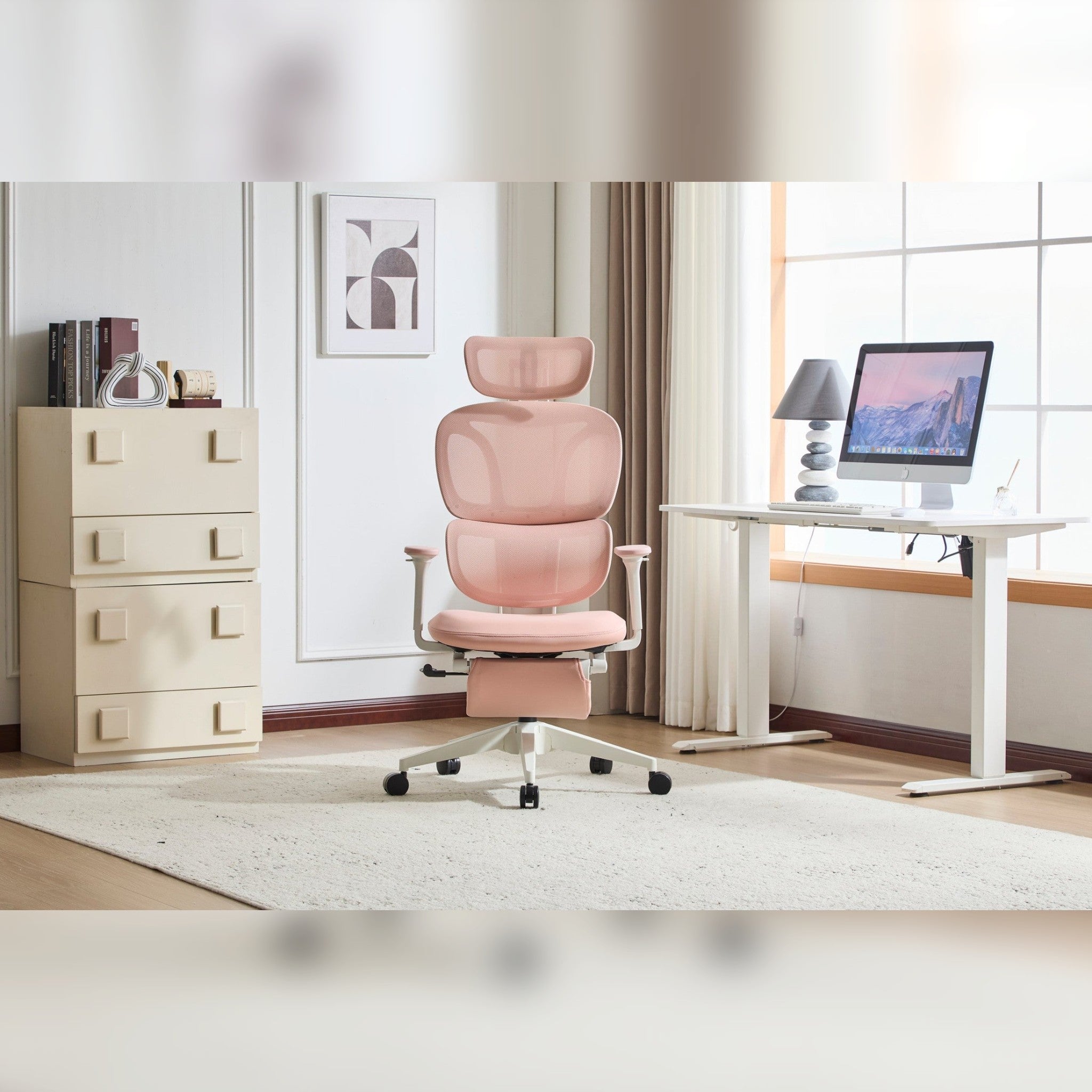 Dusty rose reclining mesh chair with pull out footrest, neck support
