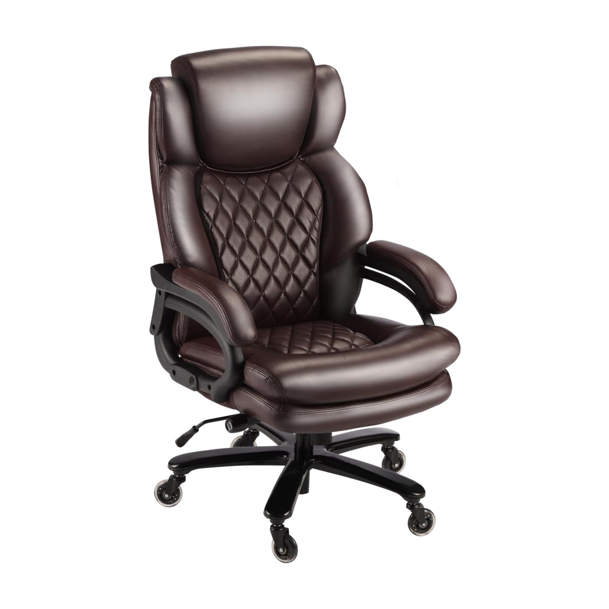 Brown leather big and tall office chair, 500 lb capacity, diamond-stitched back, spring seat, 360° swivel