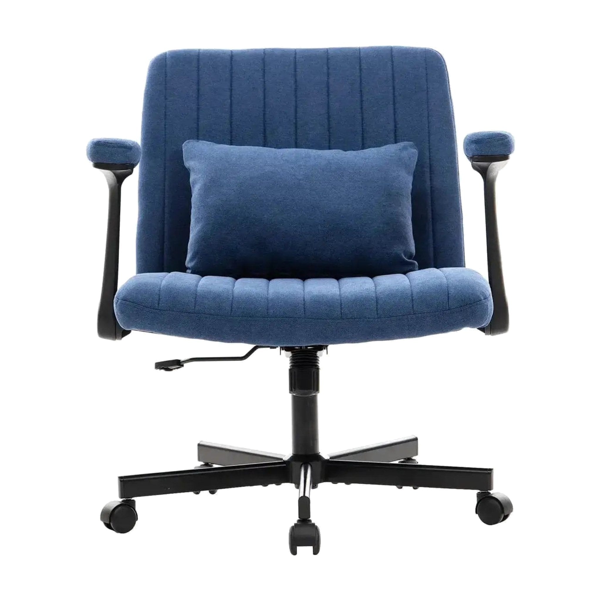 Blue velvet office chair with memory foam seat, armrests and lumbar pillow on swivel wheels
