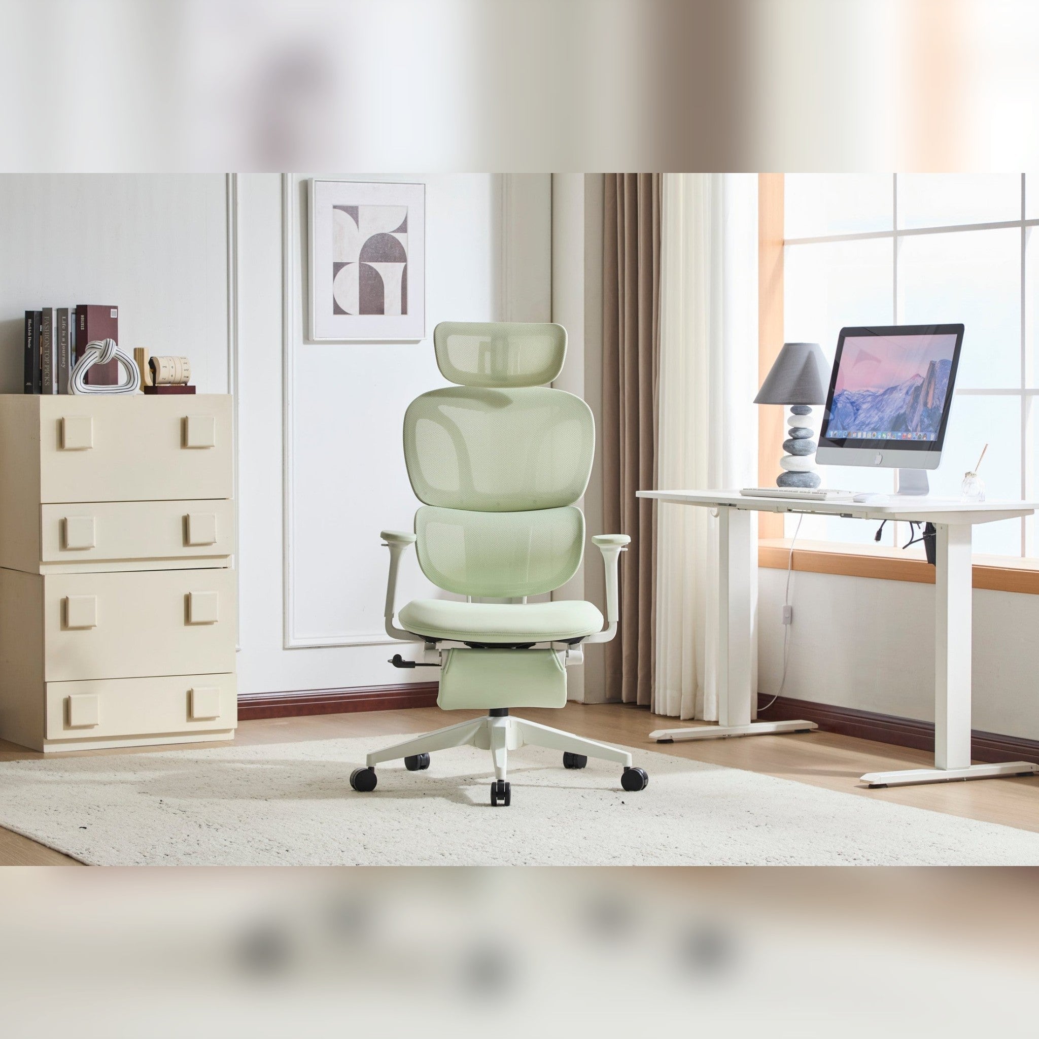 Green mesh ergonomic office chair with footrest, 4D armrests