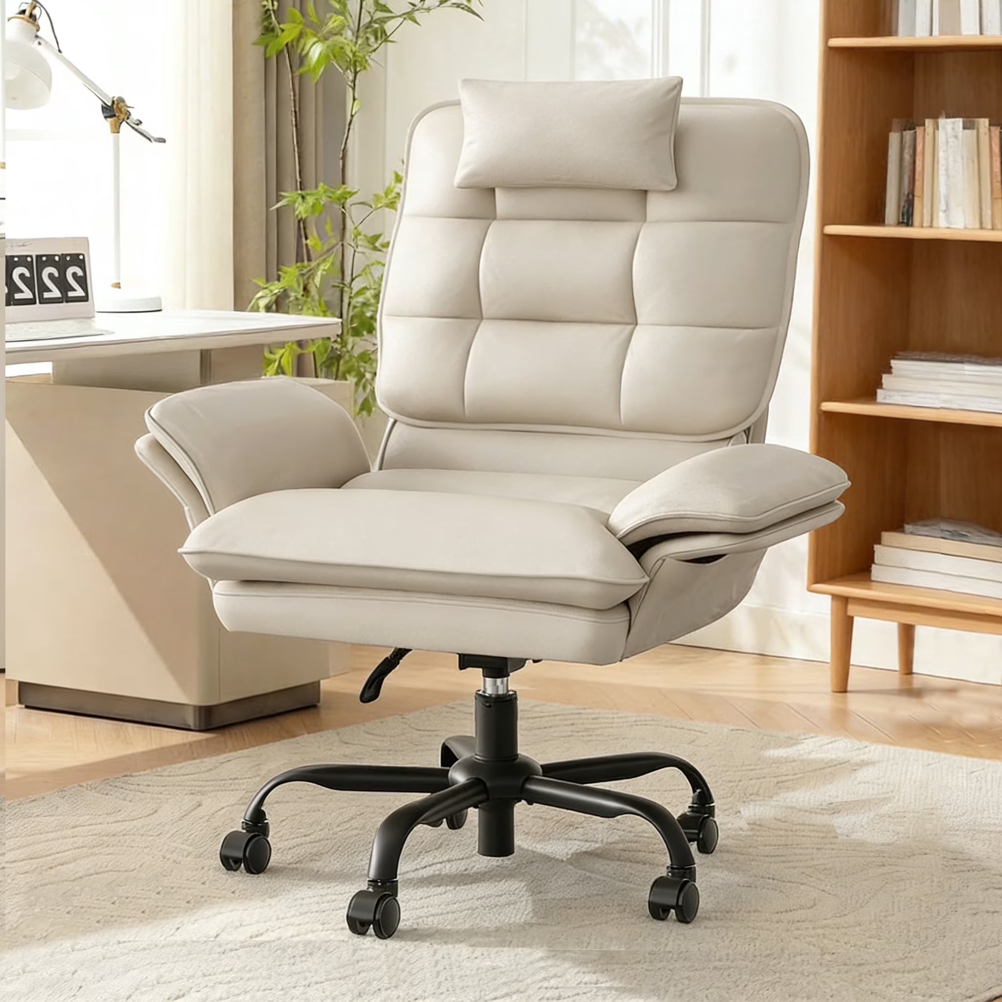 Bestier big and tall PU leather office chair with flip-up arms, beige