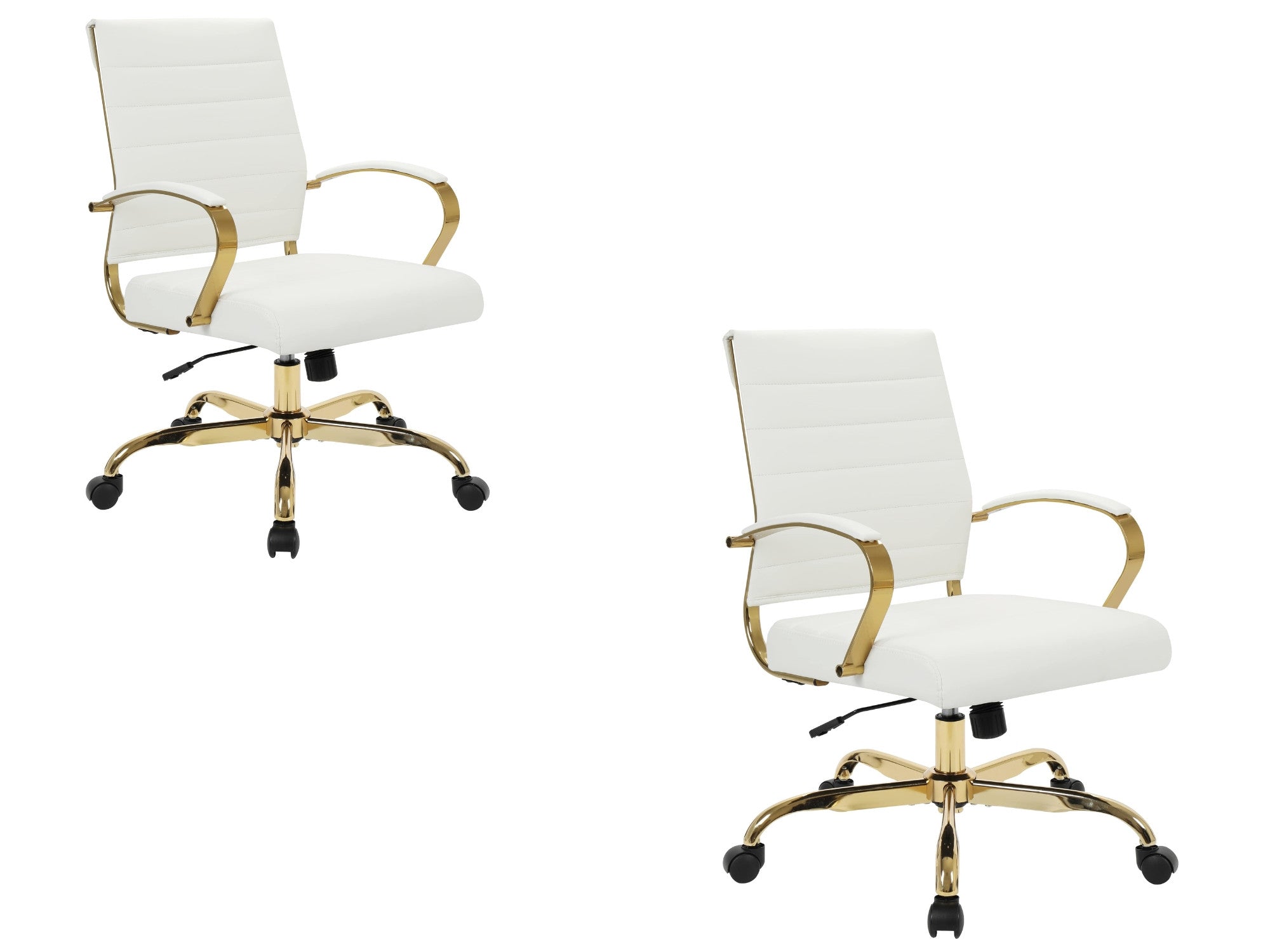 Set of 2 white leather office chairs, gold accents, ergonomic swivel