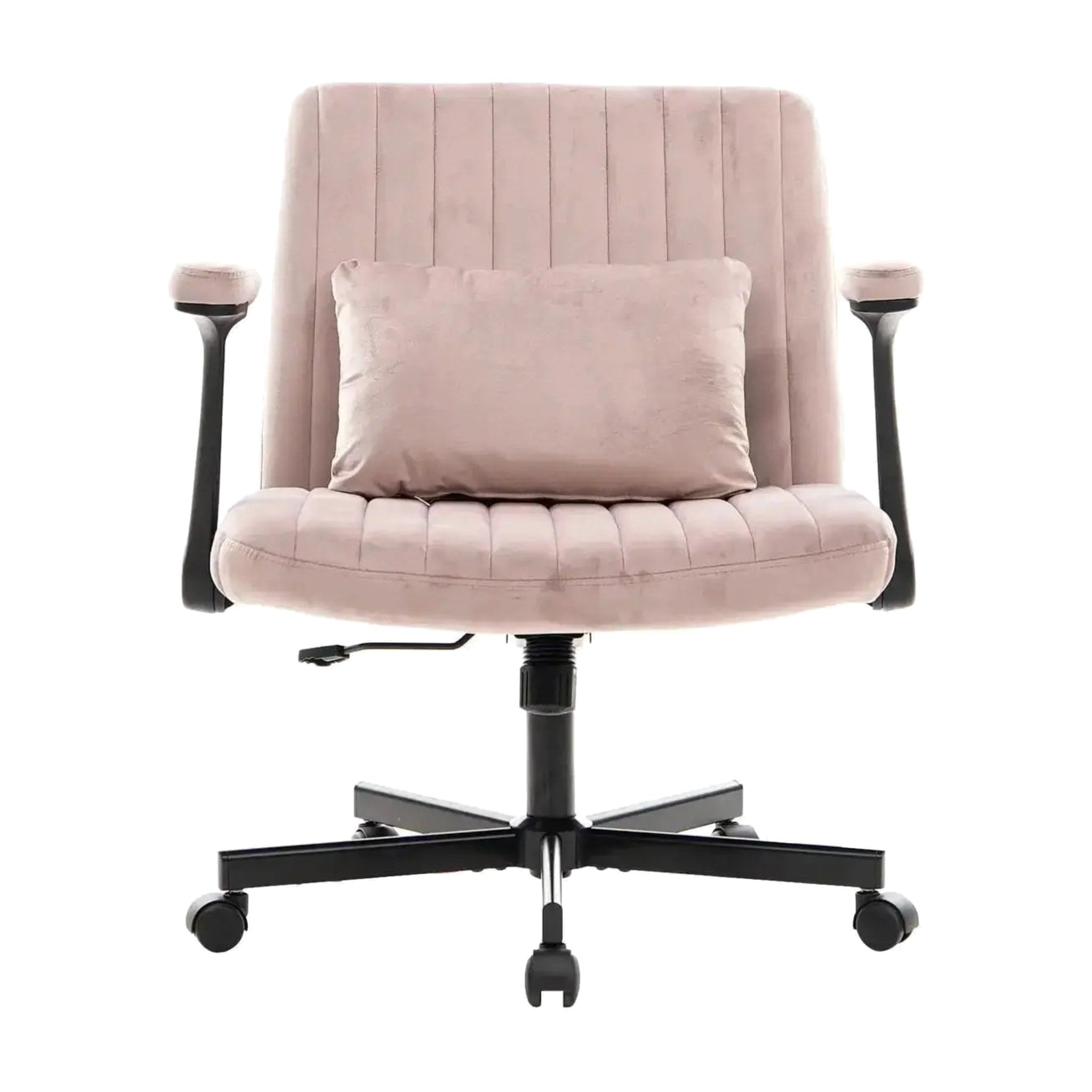 Dark pink velvet criss-cross office chair with wide memory foam seat, lumbar pillow and wheels