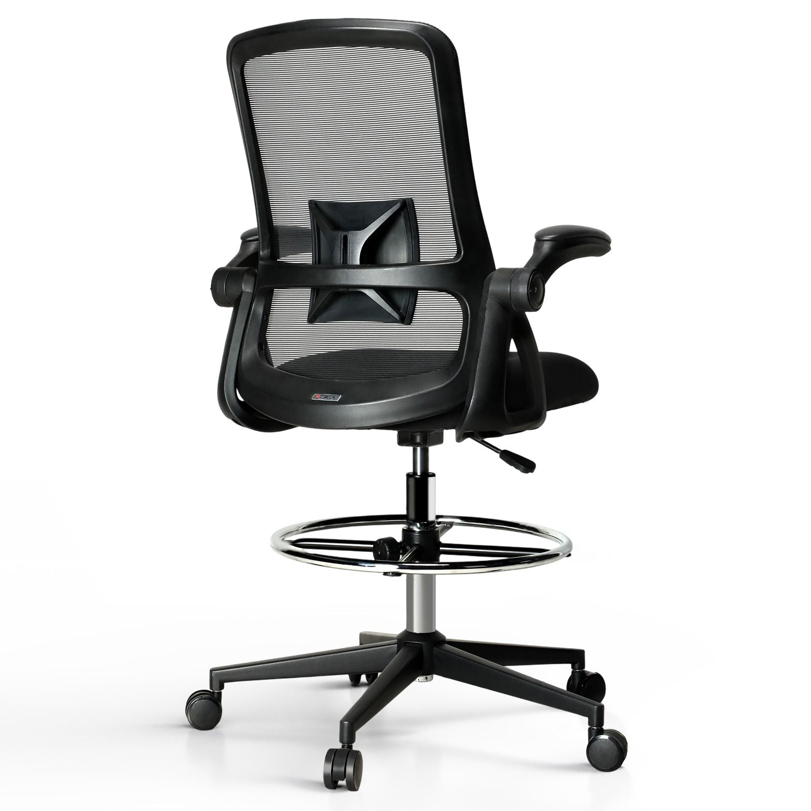 Counter height drafting chair, pneumatic mesh seat, foot ring