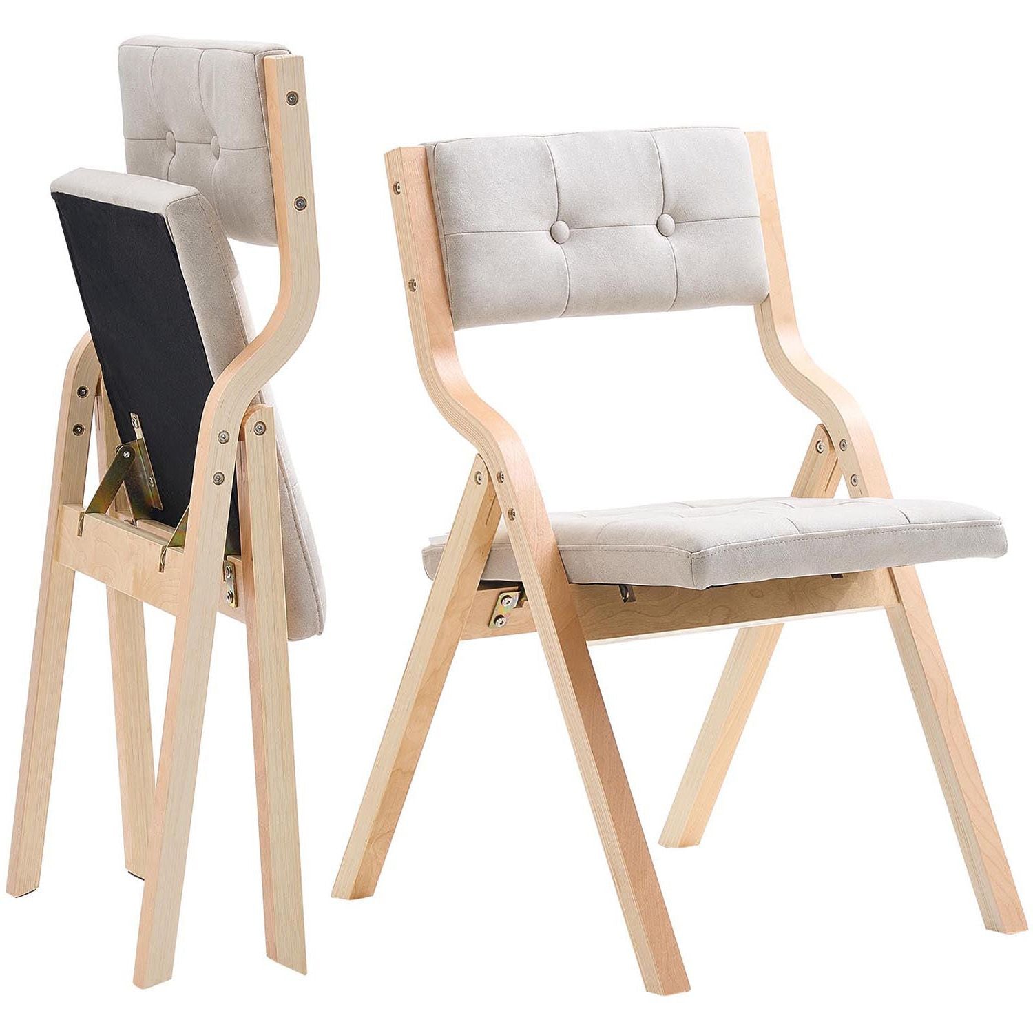 Wooden folding chairs, set of 2, cushioned, 400lb cap, beige