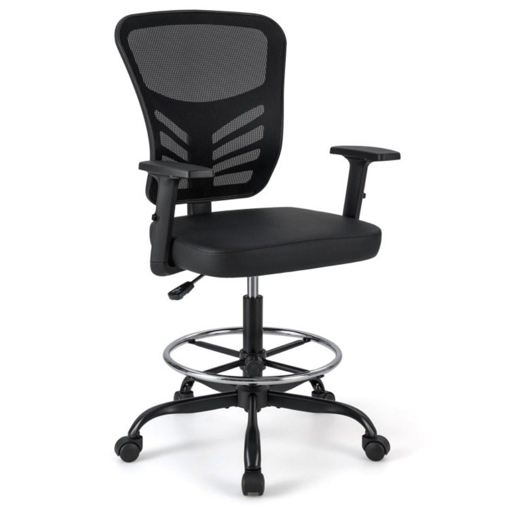PU trim mesh drafting chair, S-curve lumbar support, flip up arms