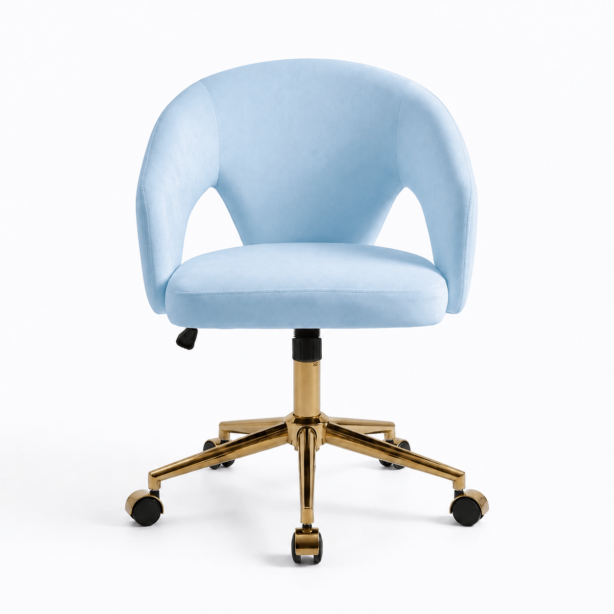 Blue velvet swivel office chair, gold base, adjustable height