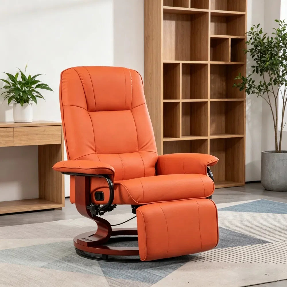 Orange PU leather swivel recliner chair with footrest
