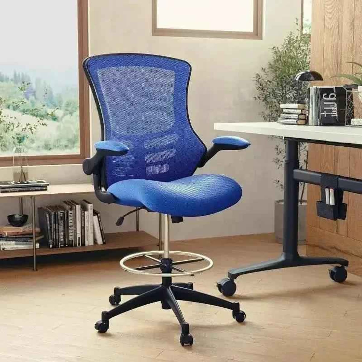 Ergonomic Blue Mesh Drafting Chair with Adjustable Foot Ring and Flip-Up Arms for Comfort & Productivity