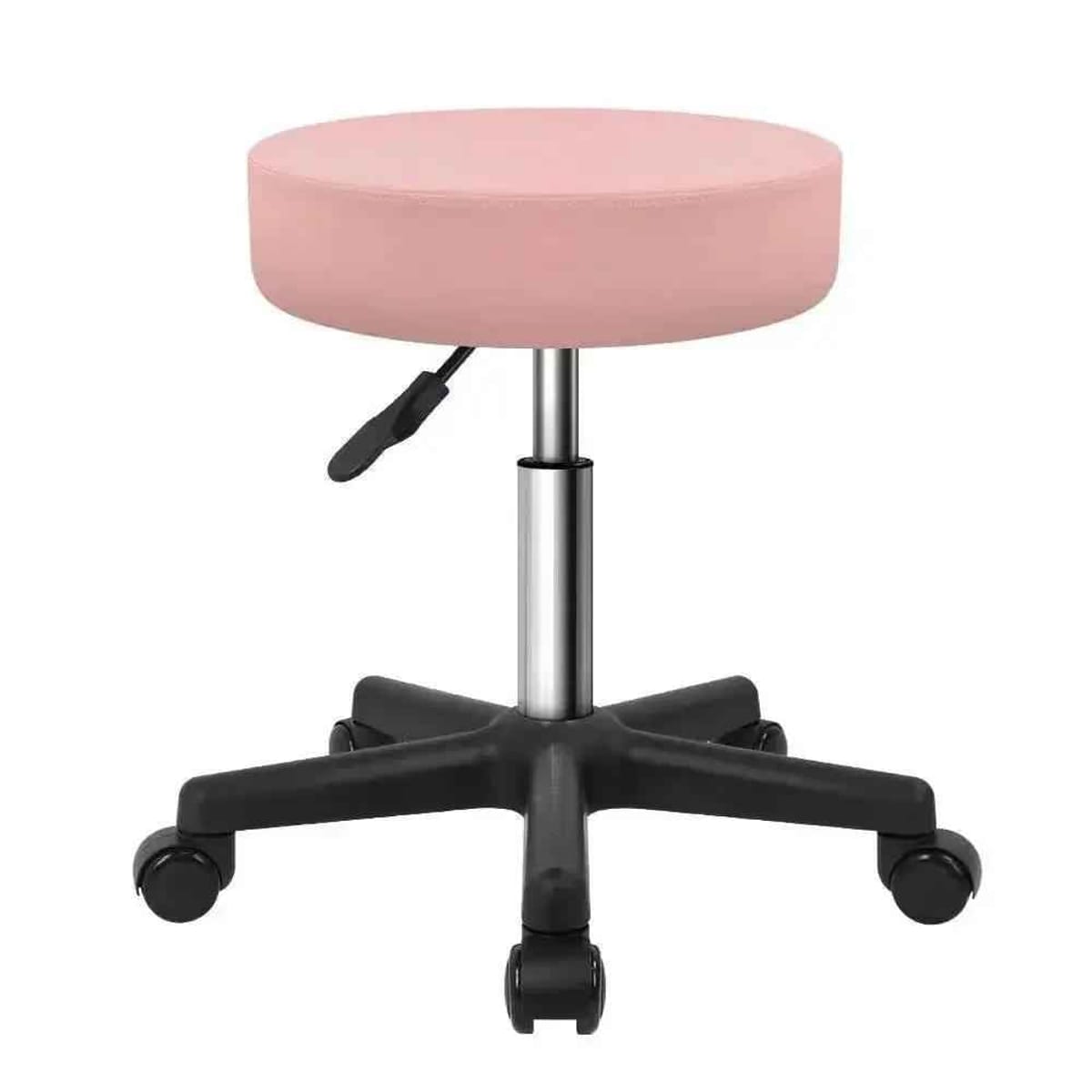 Pink PU leather rolling salon stool with wheels, adjustable height